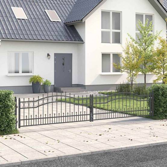 Portail Jardin Double Battant Acier Style Fer Forgé Pointe de Lance 404x120 cm Gris - ComfortXL Outdoor Living - Image 1