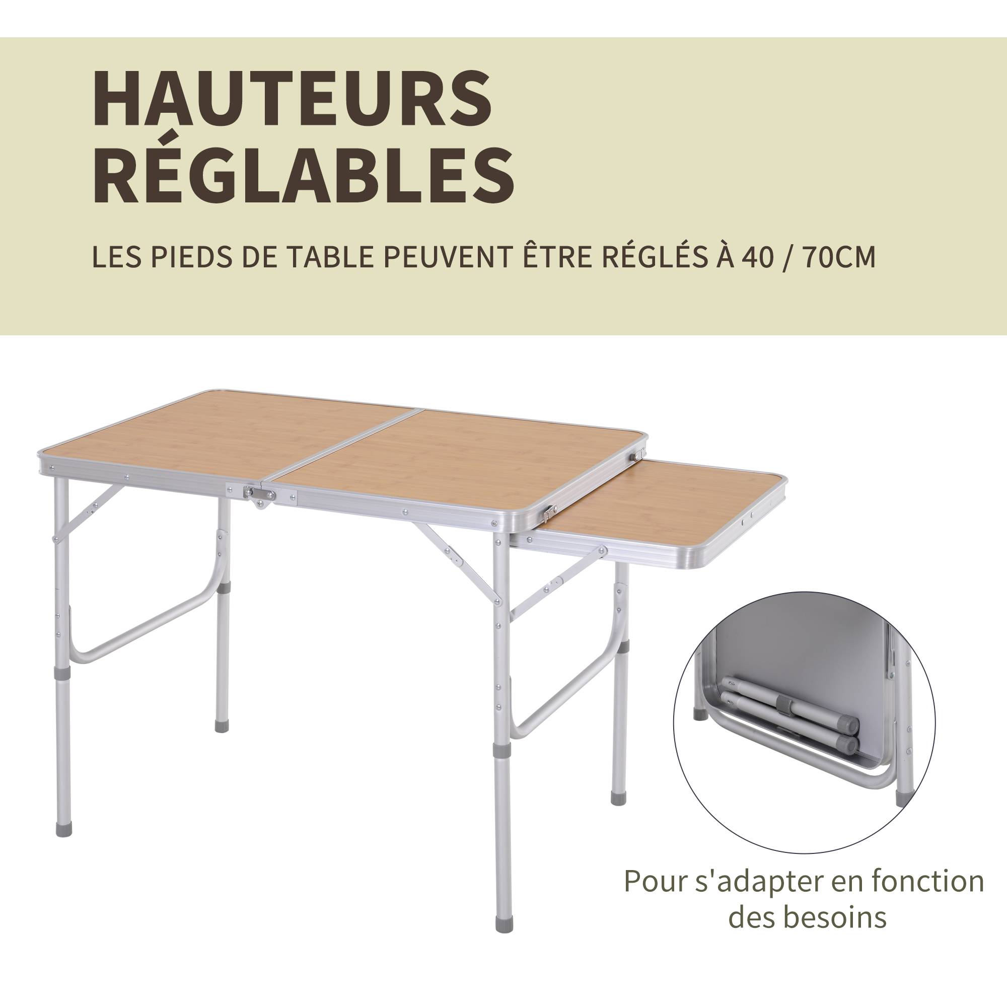 Table de camping pliante aluminium et MDF imitation bambou 90 x 60 x 70 cm - PANGIVO - Image 7