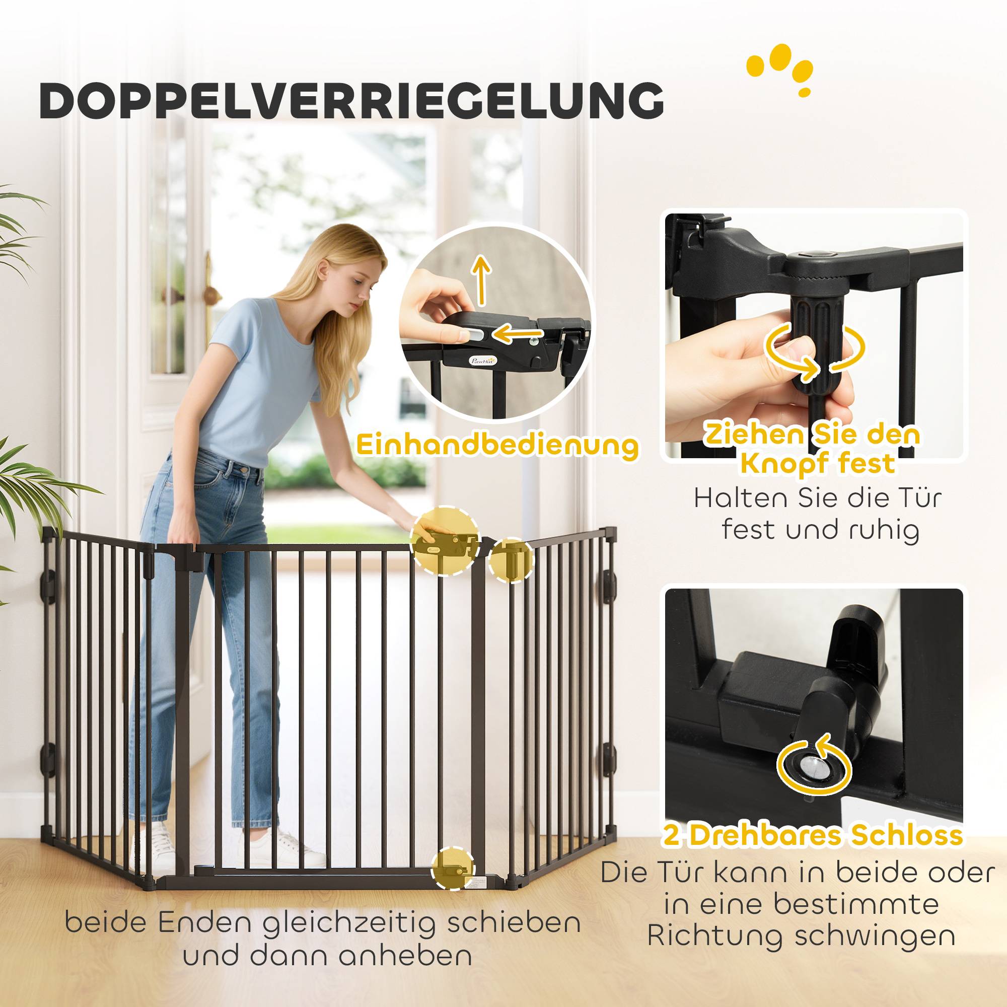 Barrière pour chien autoportante réglable 202,5 x 76 cm, pliable, escaliers, portes, cuisine, 3 panneaux, noir - Image 6