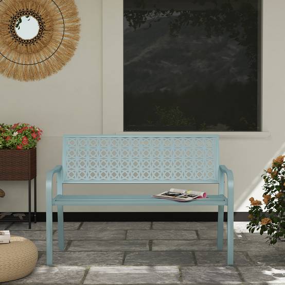 Banc d'extérieur, banc de jardin en acier, dossier ajouré, accoudoirs, pour 2 personnes, bleu - Image 10