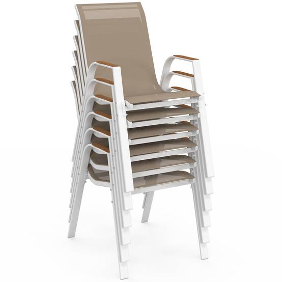Lot de 6 chaises de jardin NOUMEA métal et textilène empilables blanc et bois - Image 5
