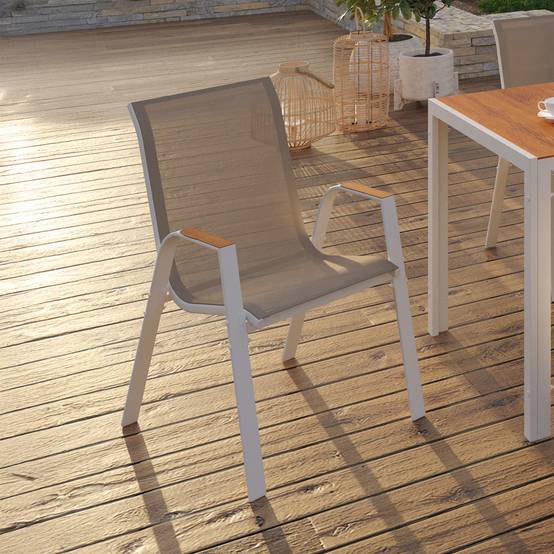 Lot de 6 chaises de jardin NOUMEA métal et textilène empilables blanc et bois - Image 1