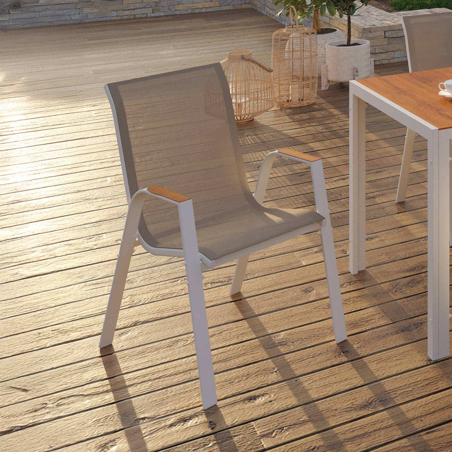Lot de 6 chaises de jardin NOUMEA métal et textilène empilables blanc et bois - Image 1
