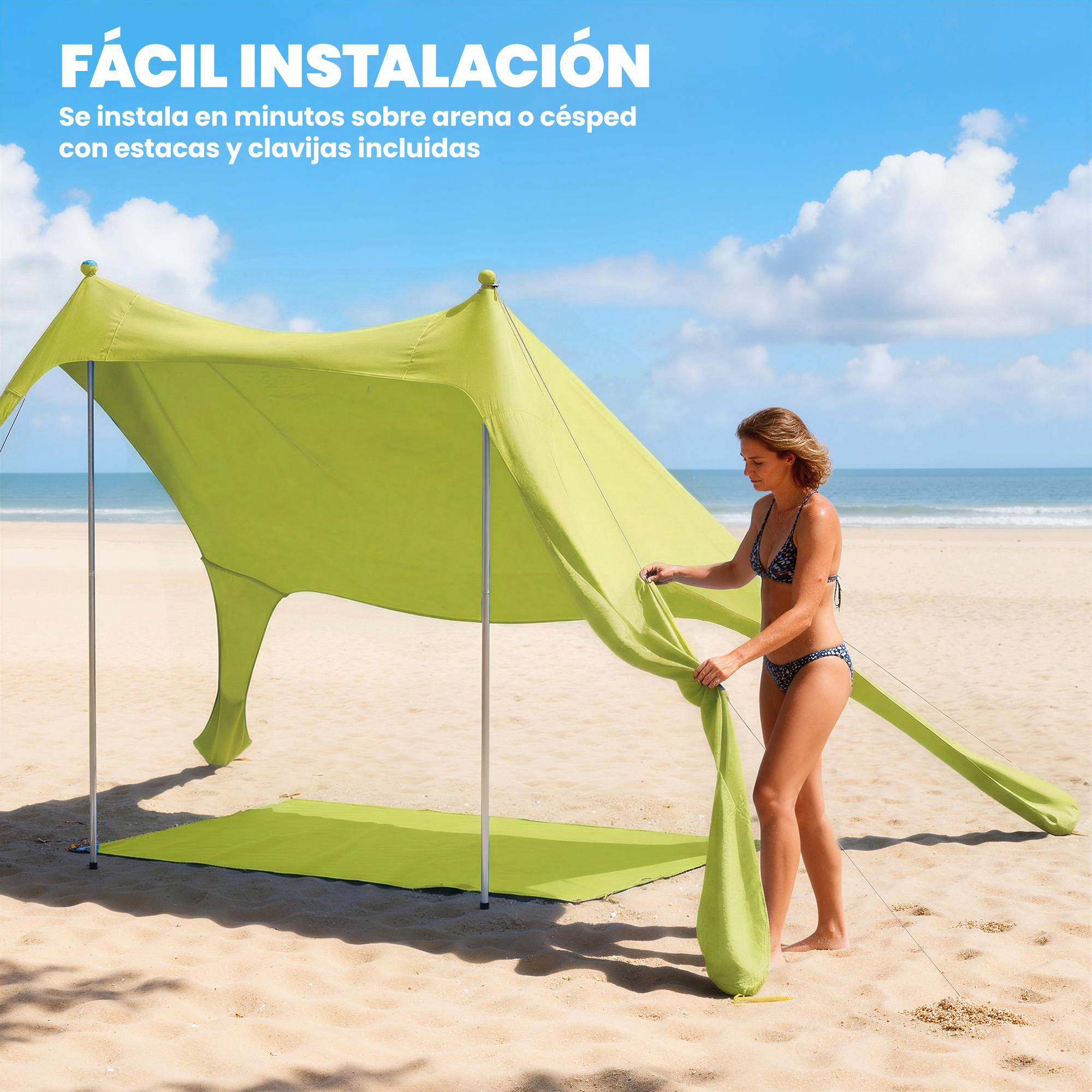 Tente de plage pliable avec tapis solaire UPF50+, poteaux en aluminium, pelle, piquets et sac de transport (verte) - Image 9