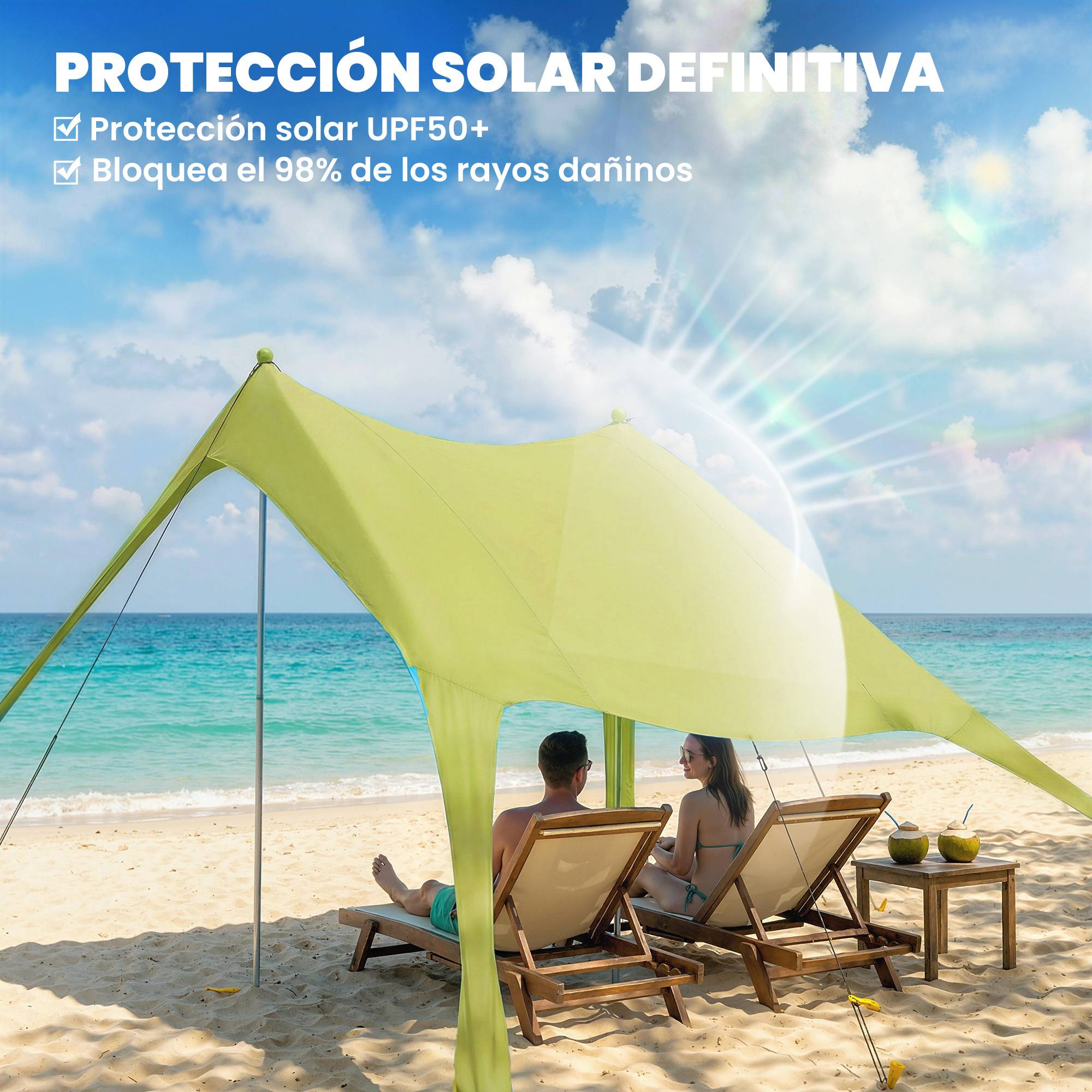 Tente de plage pliable avec tapis solaire UPF50+, poteaux en aluminium, pelle, piquets et sac de transport (verte) - Image 6