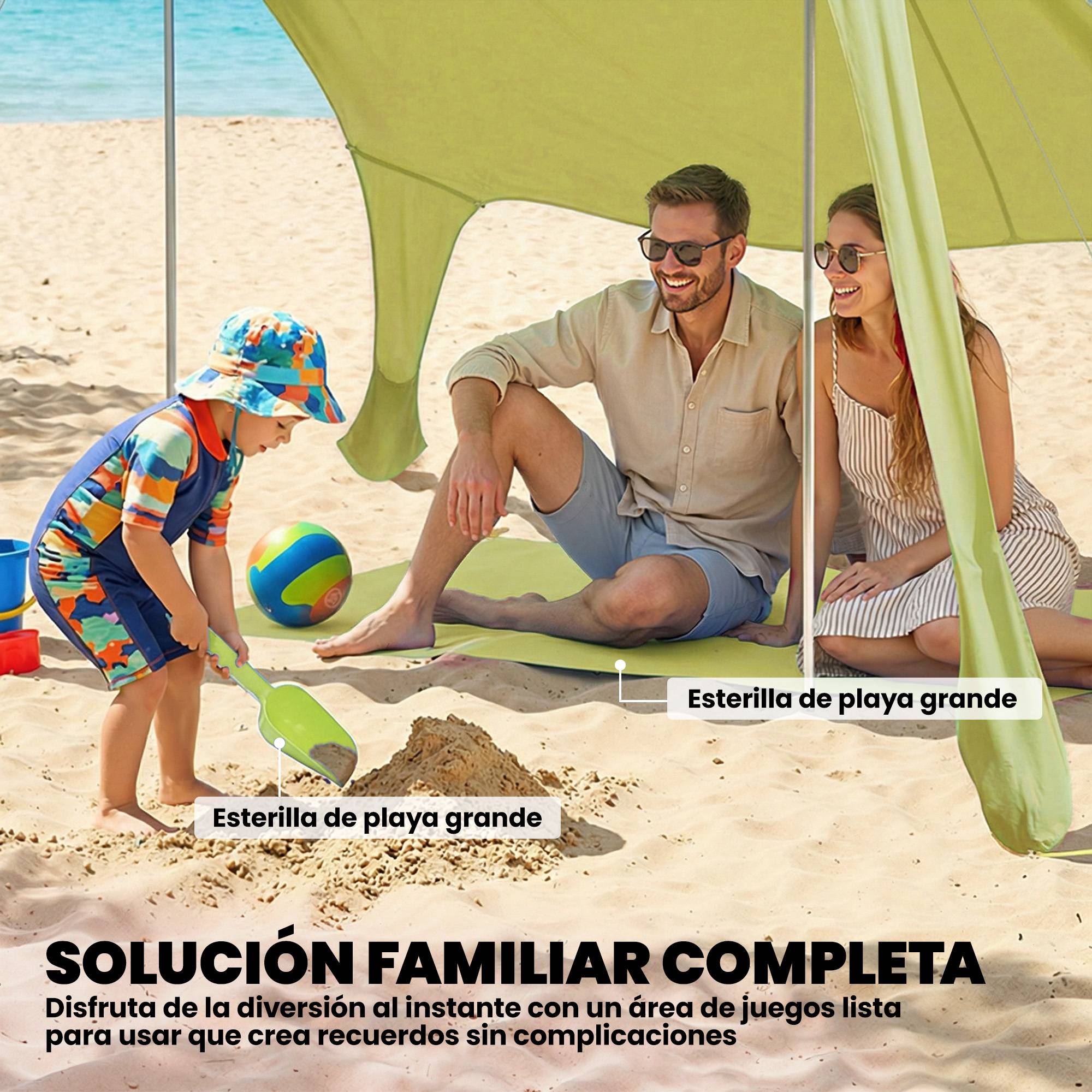 Tente de plage pliable avec tapis solaire UPF50+, poteaux en aluminium, pelle, piquets et sac de transport (verte) - Image 7