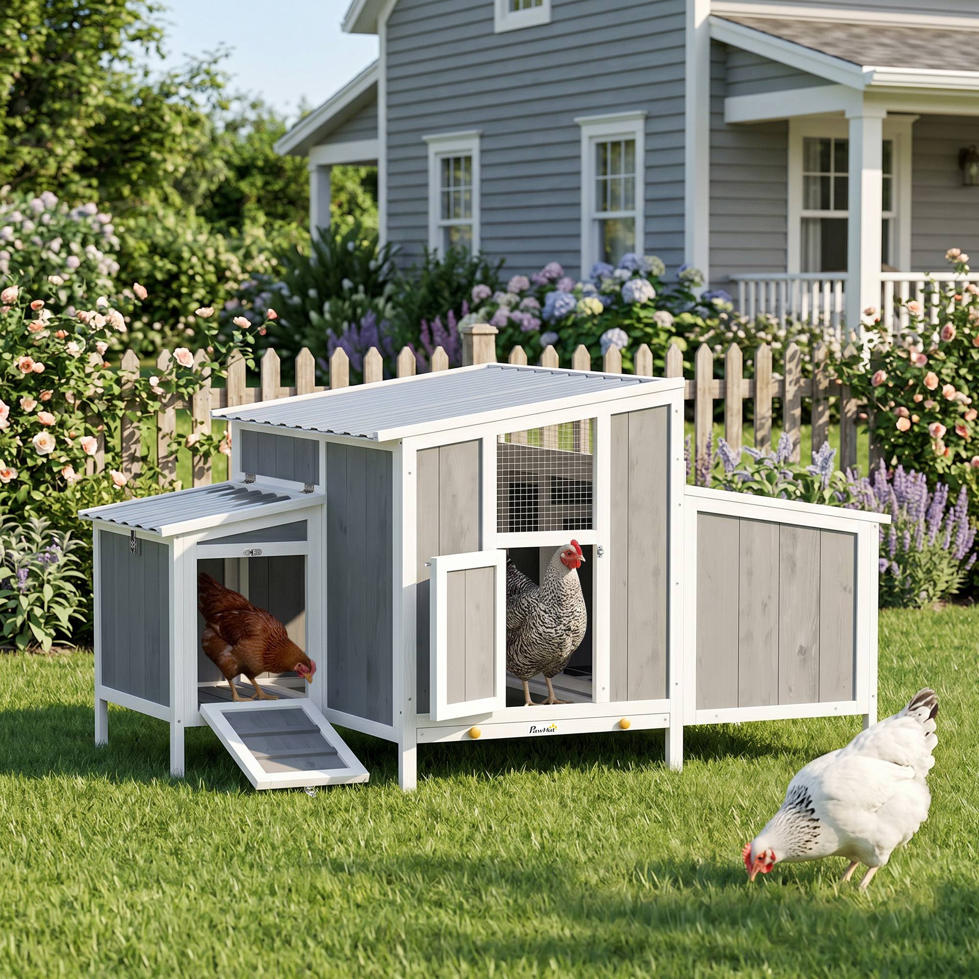 Poulailler en bois avec porte verrouillable, pondoir et toit imperméable en PET pour 3 à 4 poules, 145 x 90 x 92 cm, gris - Image 3