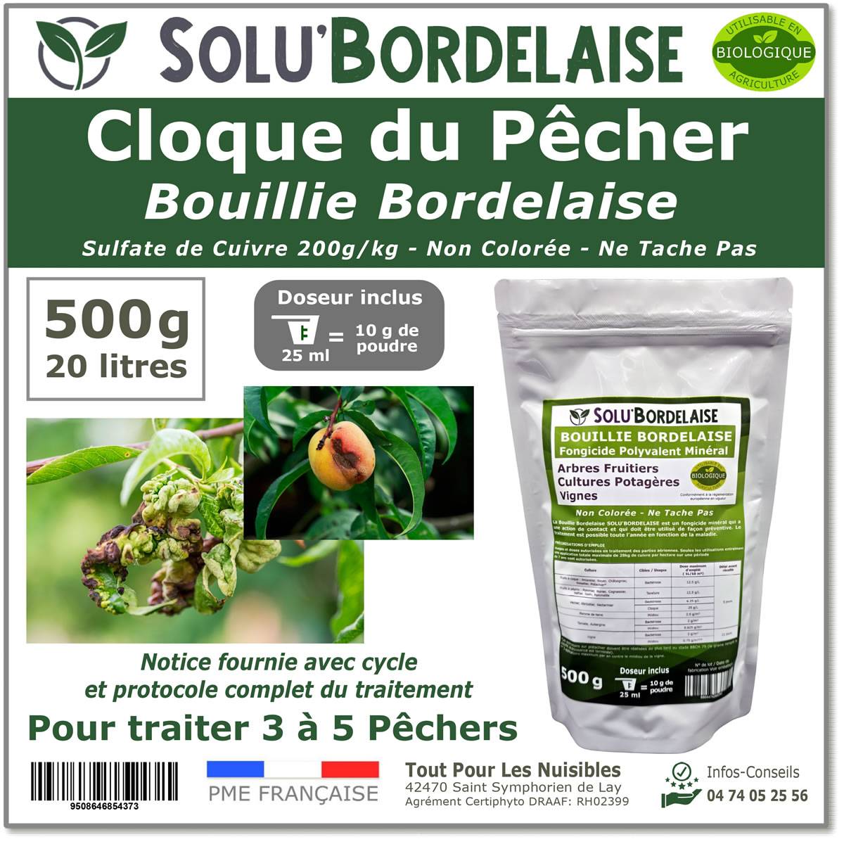 Solu'Bordelaise - Cloque du Pêcher - 500 g de Bouillie Bordelaise Non Colorée - Polyvalent - Sulfate de Cuivre 200 g/kg - Doseur Inclus - Image 1