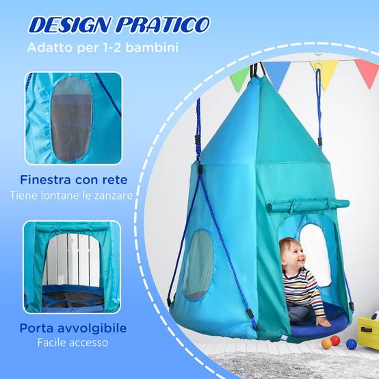 Balançoire jardin avec tente pour enfants 3-8 ans, Ø100 cm, cordes réglables, bleue, espace de jeu abrité et ludique - Image 5
