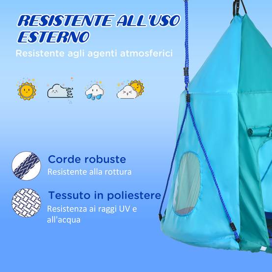Balançoire jardin avec tente pour enfants 3-8 ans, Ø100 cm, cordes réglables, bleue, espace de jeu abrité et ludique - Image 8