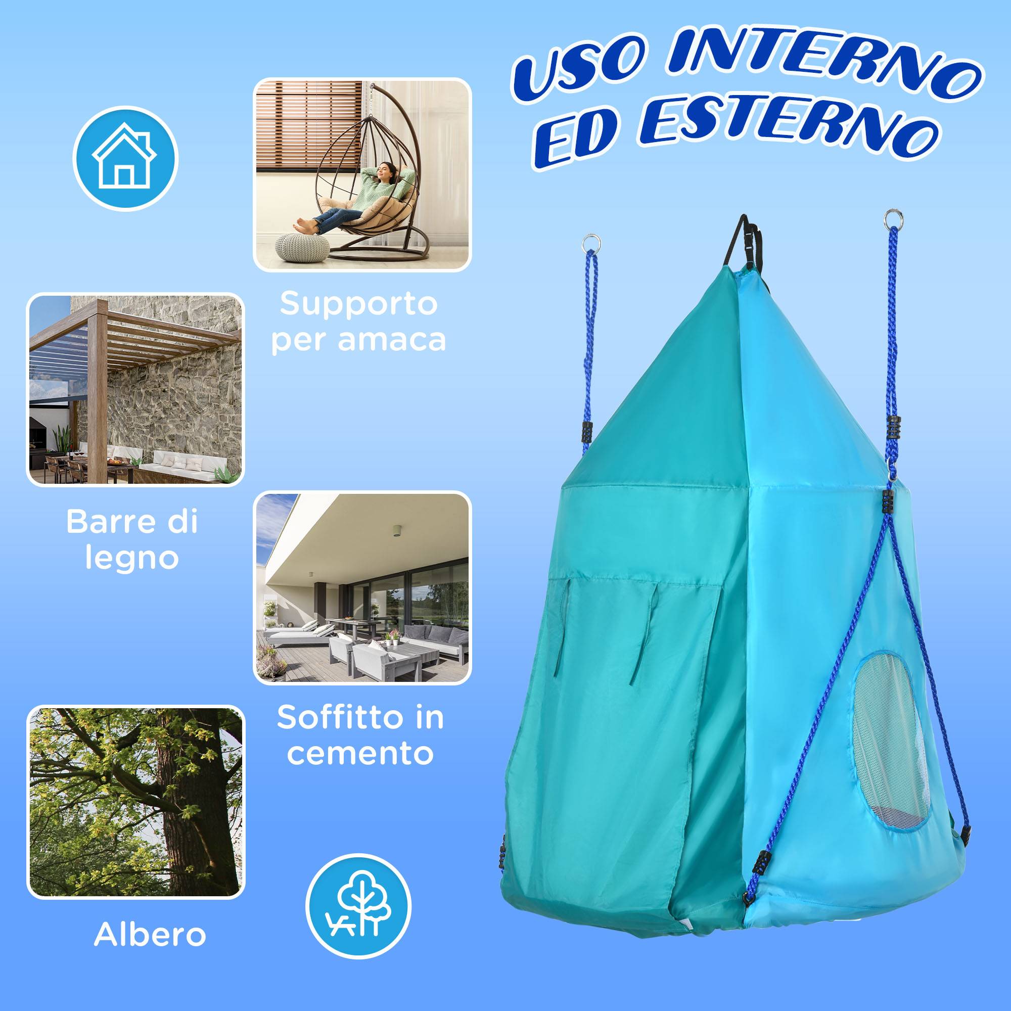 Balançoire jardin avec tente pour enfants 3-8 ans, Ø100 cm, cordes réglables, bleue, espace de jeu abrité et ludique - Image 7