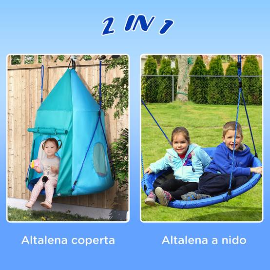 Balançoire jardin avec tente pour enfants 3-8 ans, Ø100 cm, cordes réglables, bleue, espace de jeu abrité et ludique - Image 4