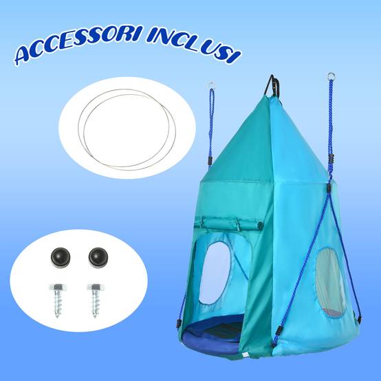 Balançoire jardin avec tente pour enfants 3-8 ans, Ø100 cm, cordes réglables, bleue, espace de jeu abrité et ludique - Image 9