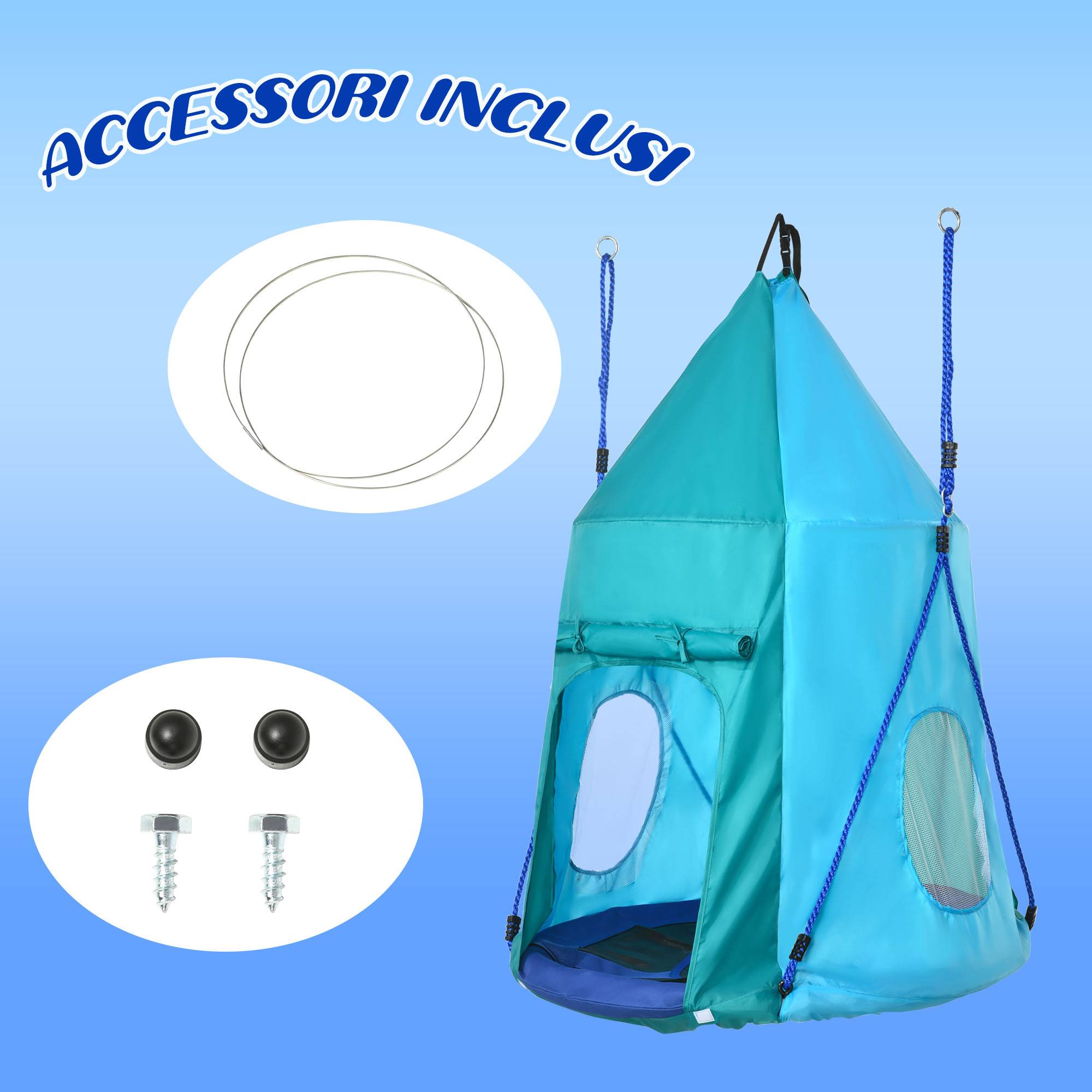 Balançoire jardin avec tente pour enfants 3-8 ans, Ø100 cm, cordes réglables, bleue, espace de jeu abrité et ludique - Image 9