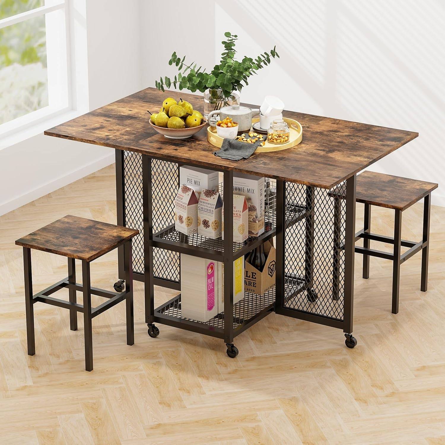 Table Cuisine Rabattable, Table Extensible à roulettes avec 2 Tabourets, Table Cuisine 6 Personnes avec 2 Étagères - Gamm vert