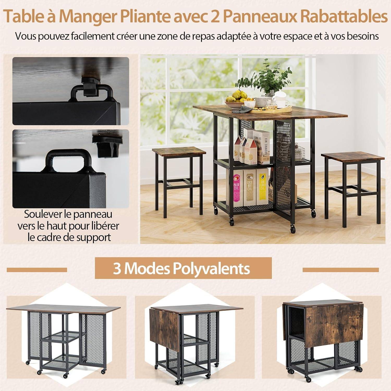 Table Cuisine Rabattable, Table Extensible à Roulettes Avec 2 Tabourets Table Cuisine 6 Personnes Avec 2 Etageres 91493818