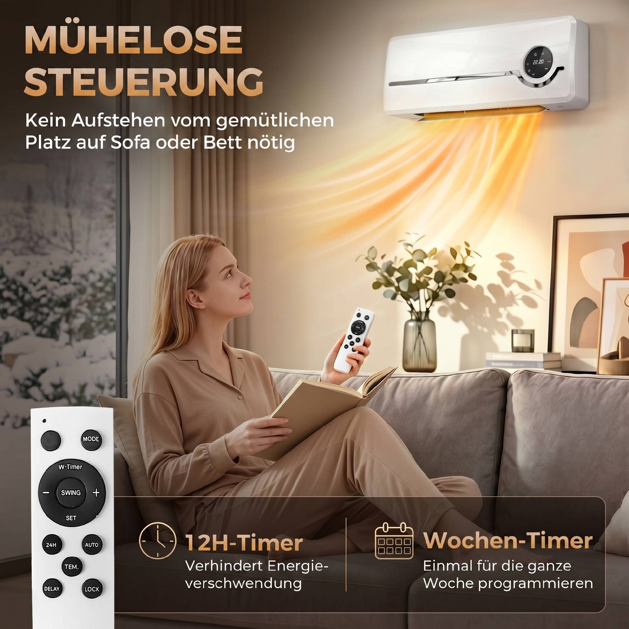 Radiateur soufflant mural, radiateur céramique mural de 2000 W avec ventilateur, télécommande, 2 modes de chauffage, affichage LED - Image 9