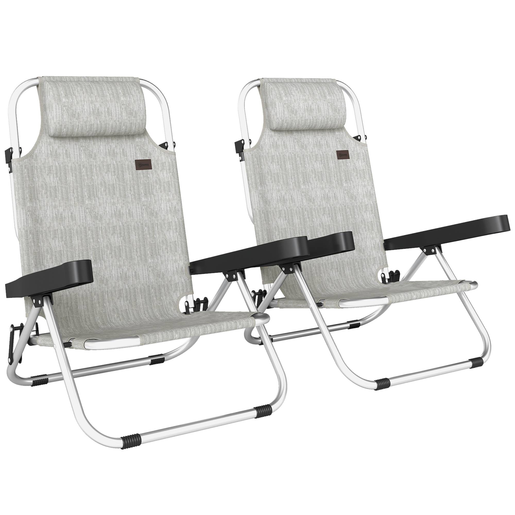 Lot de 2 chaises longues pliantes et inclinables 4 positions avec appui-tête, aluminium, 62 x 61 x 80 cm, gris - Image 1