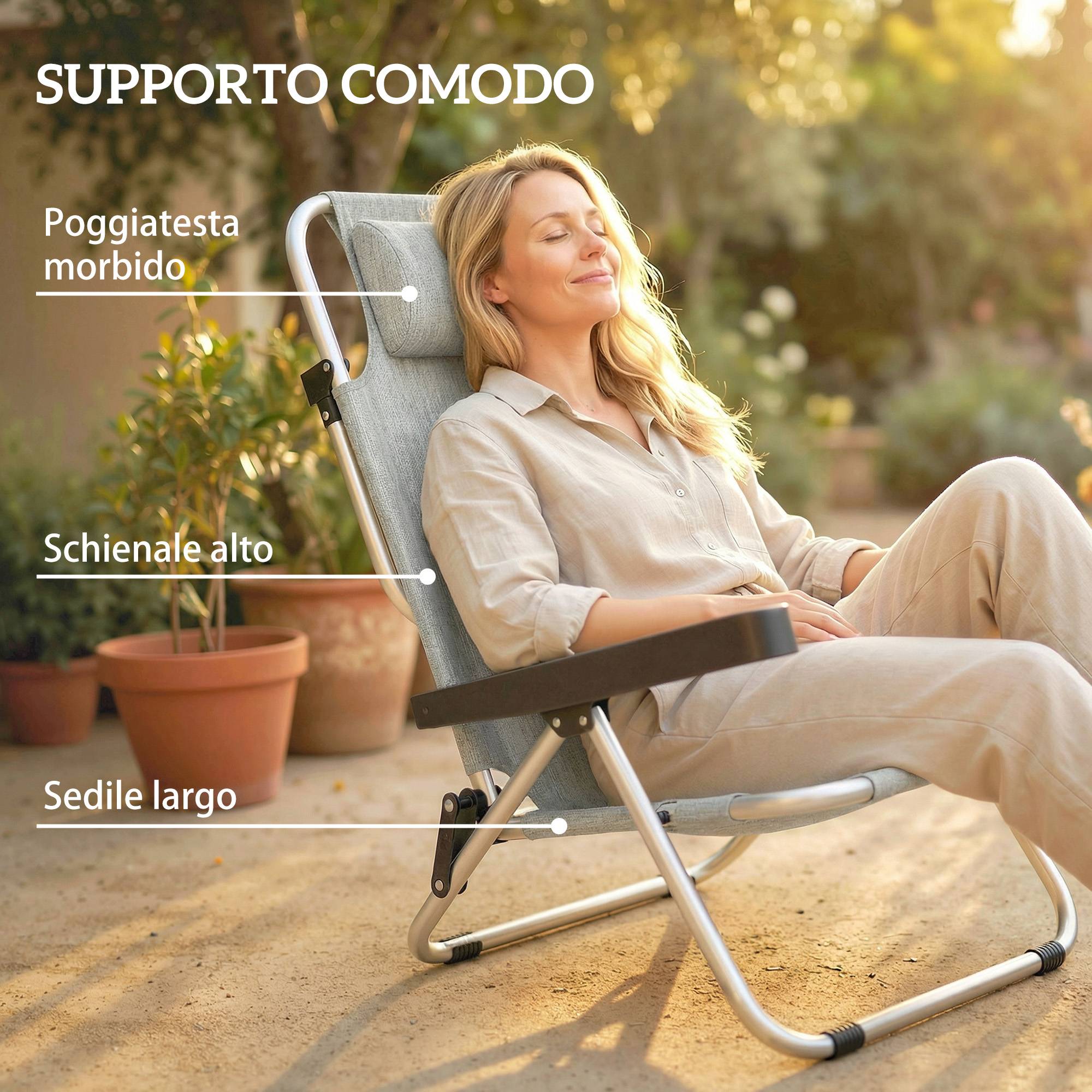 Lot de 2 chaises longues pliantes et inclinables 4 positions avec appui-tête, aluminium, 62 x 61 x 80 cm, gris - Image 5