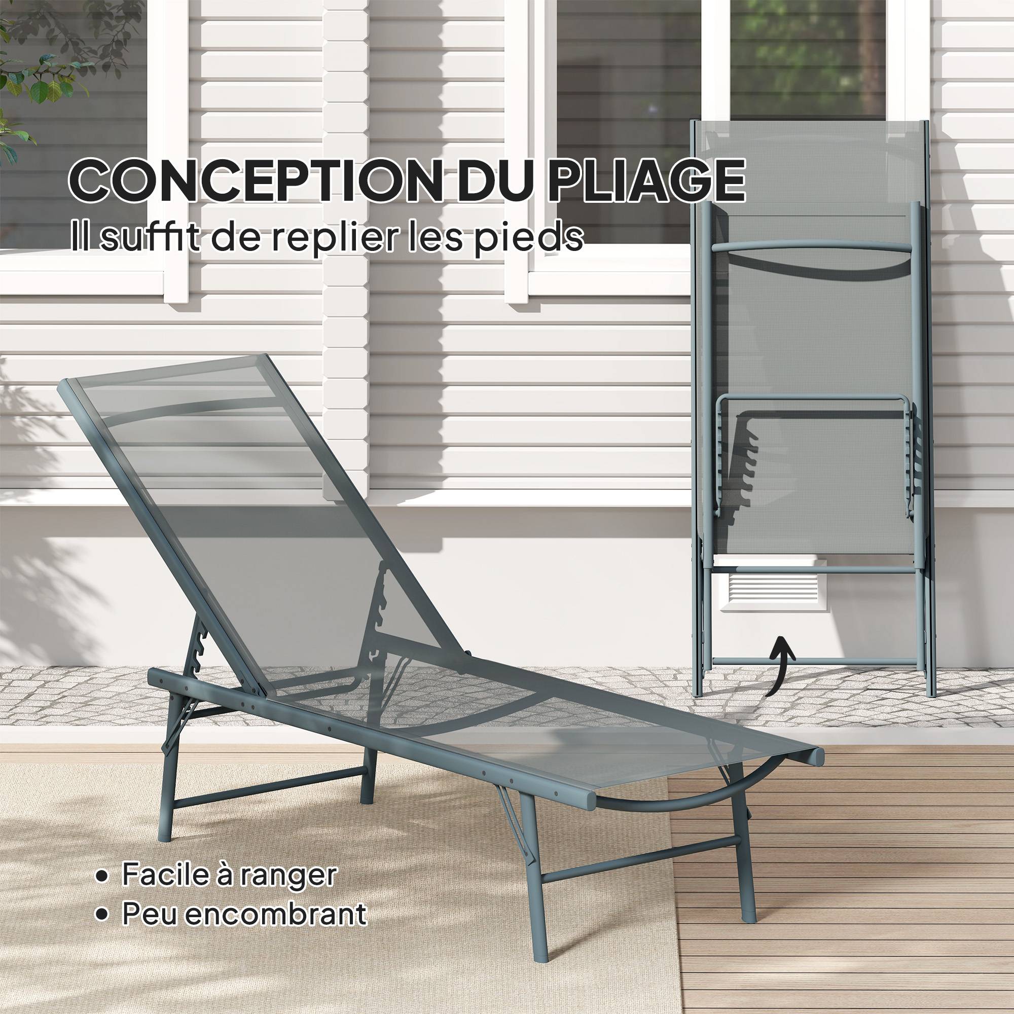 Lot de 2 bain de soleil chaise longue pliante textilène transat jardin extérieur inclinable 54 x 164 x 84 cm gris clair - Image 8