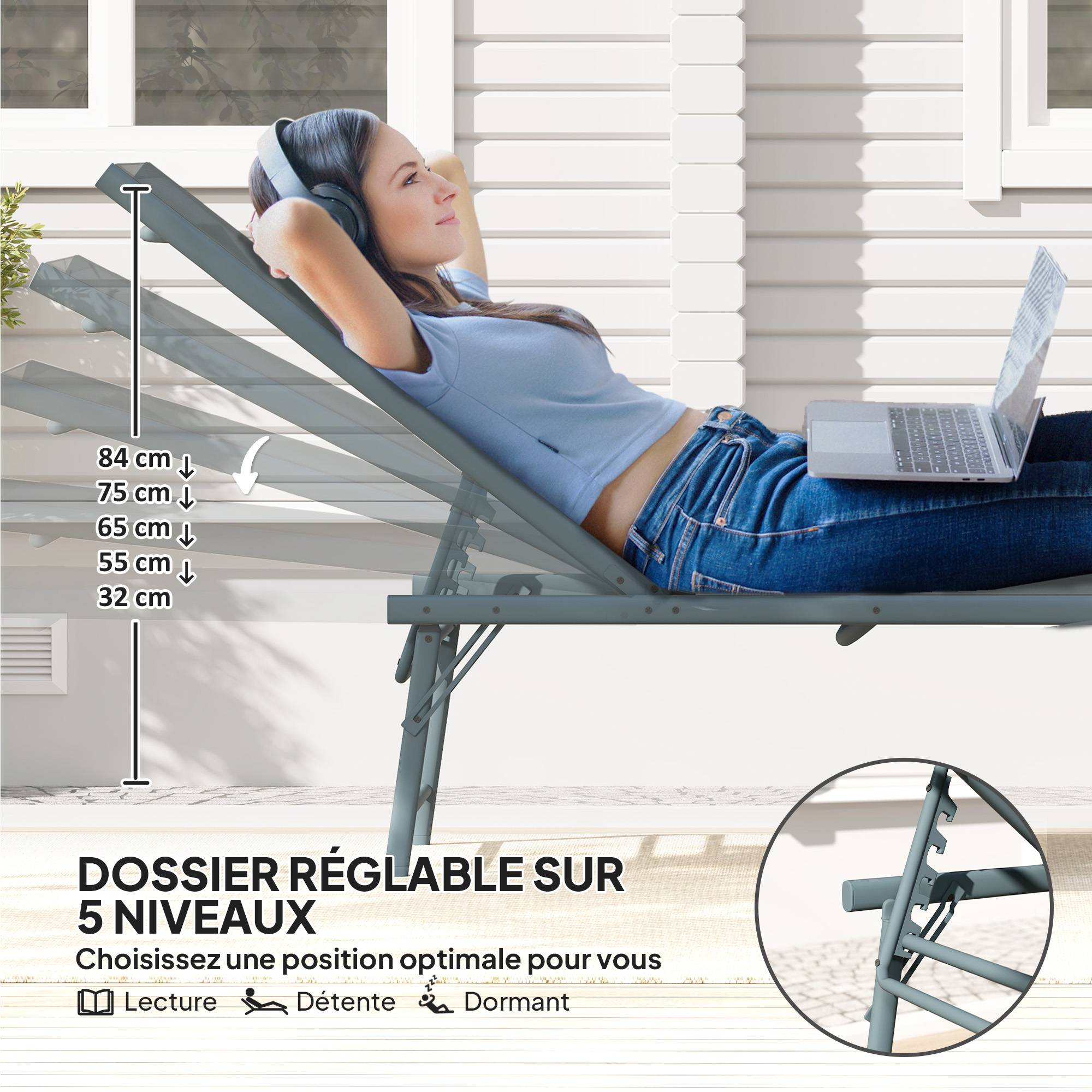 Lot de 2 bain de soleil chaise longue pliante textilène transat jardin extérieur inclinable 54 x 164 x 84 cm gris clair - Image 6