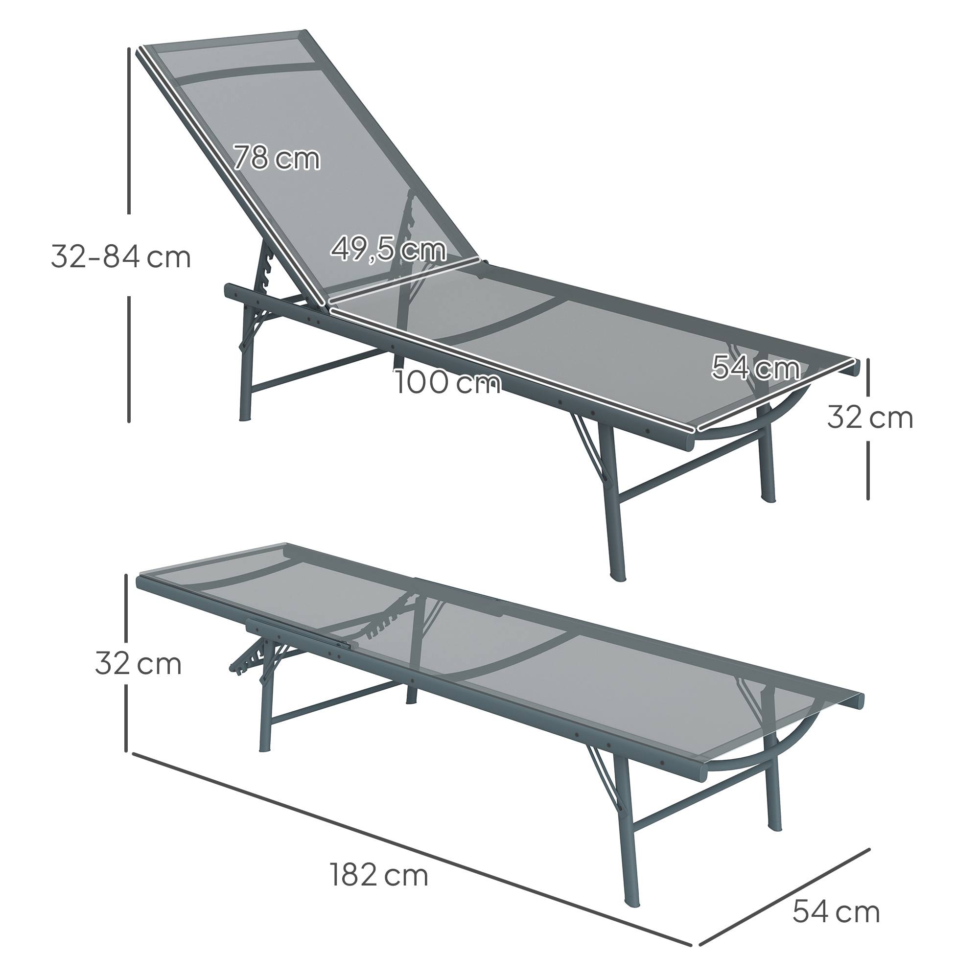 Lot de 2 bain de soleil chaise longue pliante textilène transat jardin extérieur inclinable 54 x 164 x 84 cm gris clair - Image 5