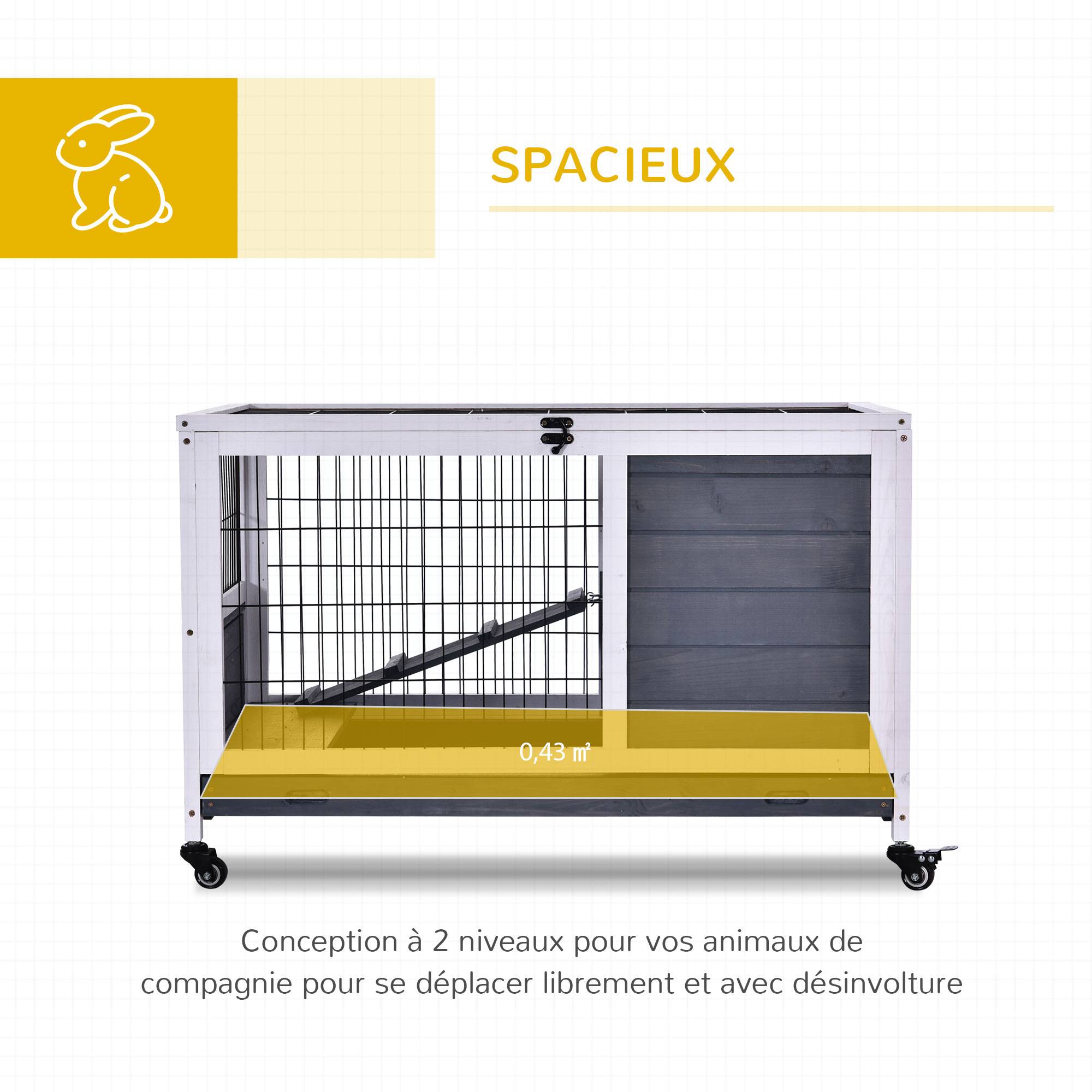 Cage lapin intérieur, toit ouvrant, roulettes, plateau amovible, rampe, bois, 90x53x59 cm, gris foncé/blanc - Image 6