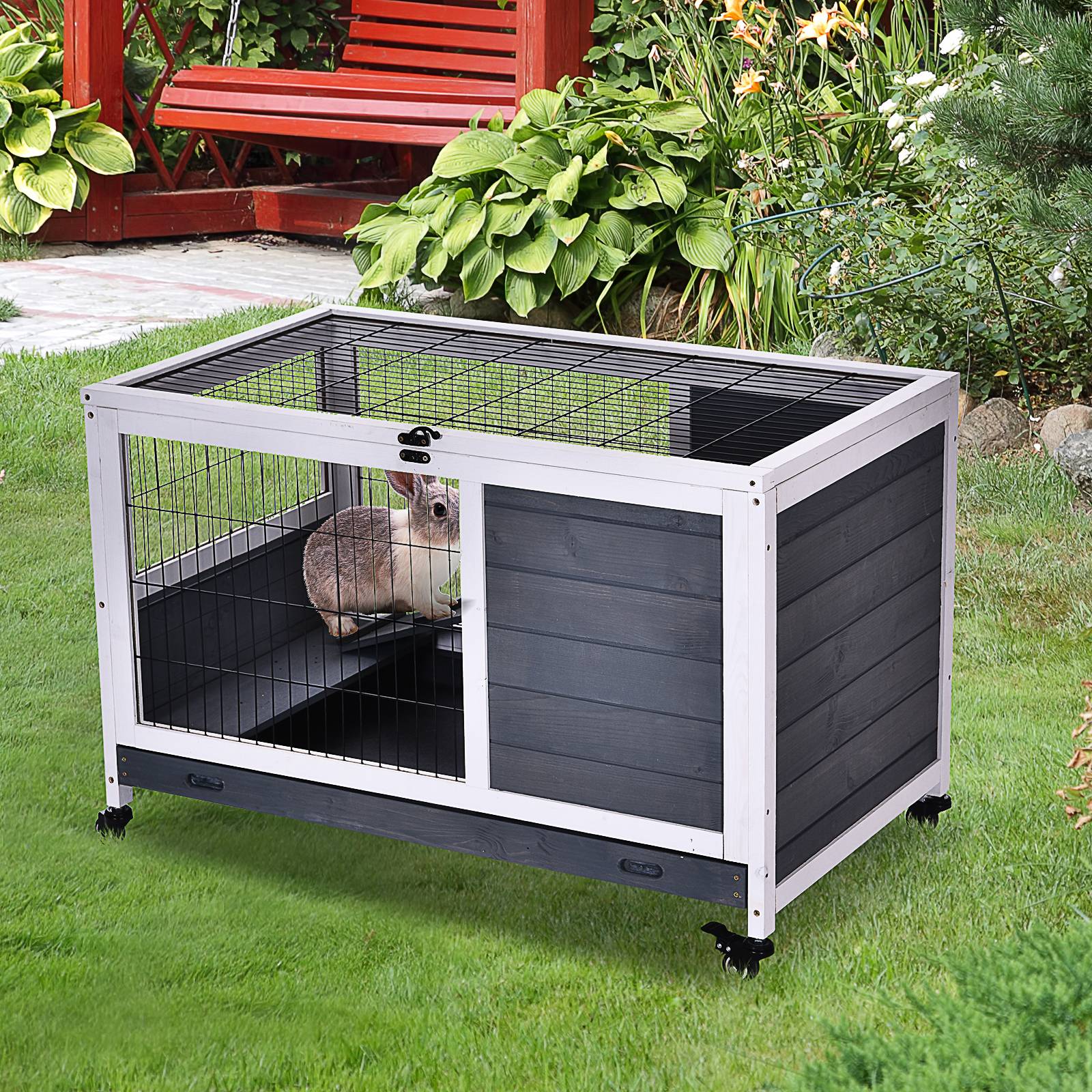 Cage lapin intérieur, toit ouvrant, roulettes, plateau amovible, rampe, bois, 90x53x59 cm, gris foncé/blanc - Image 3