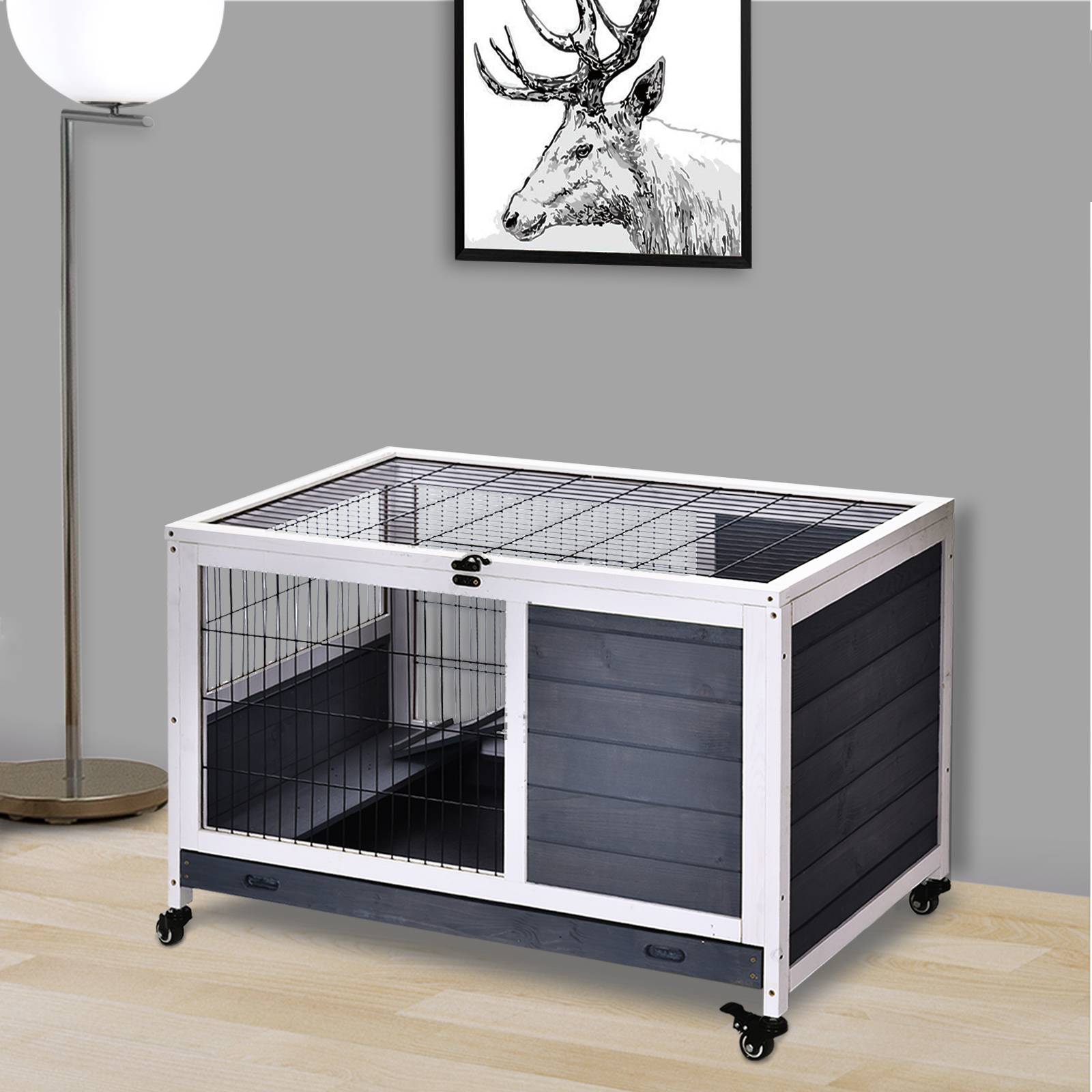 Cage lapin intérieur, toit ouvrant, roulettes, plateau amovible, rampe, bois, 90x53x59 cm, gris foncé/blanc - Image 4