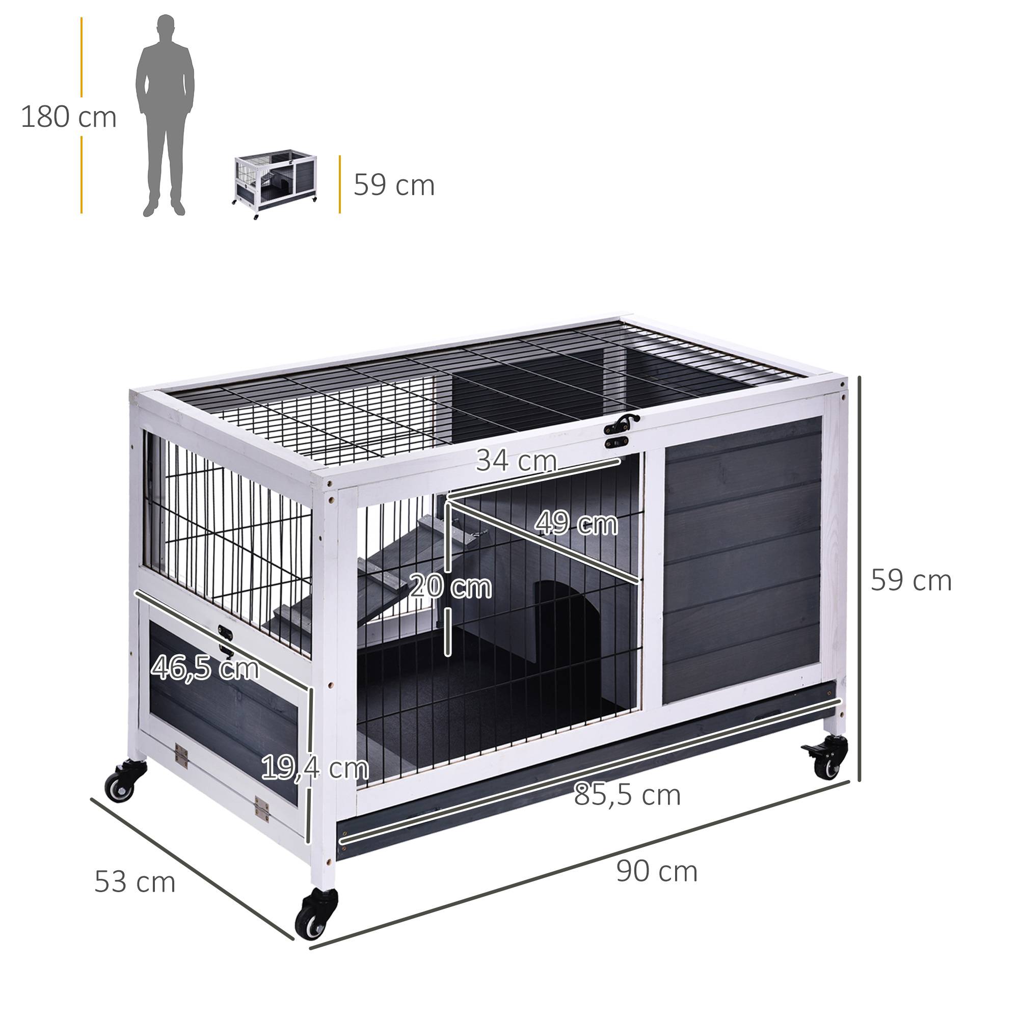 Cage lapin intérieur, toit ouvrant, roulettes, plateau amovible, rampe, bois, 90x53x59 cm, gris foncé/blanc - Image 5