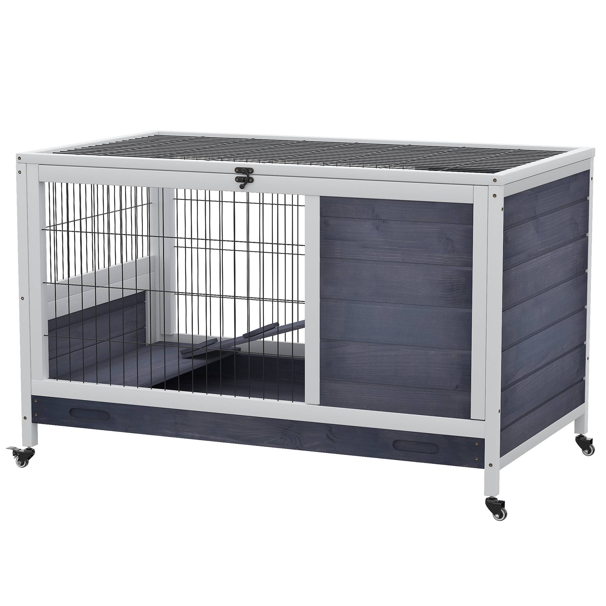 Cage lapin intérieur, toit ouvrant, roulettes, plateau amovible, rampe, bois, 90x53x59 cm, gris foncé/blanc - Image 2