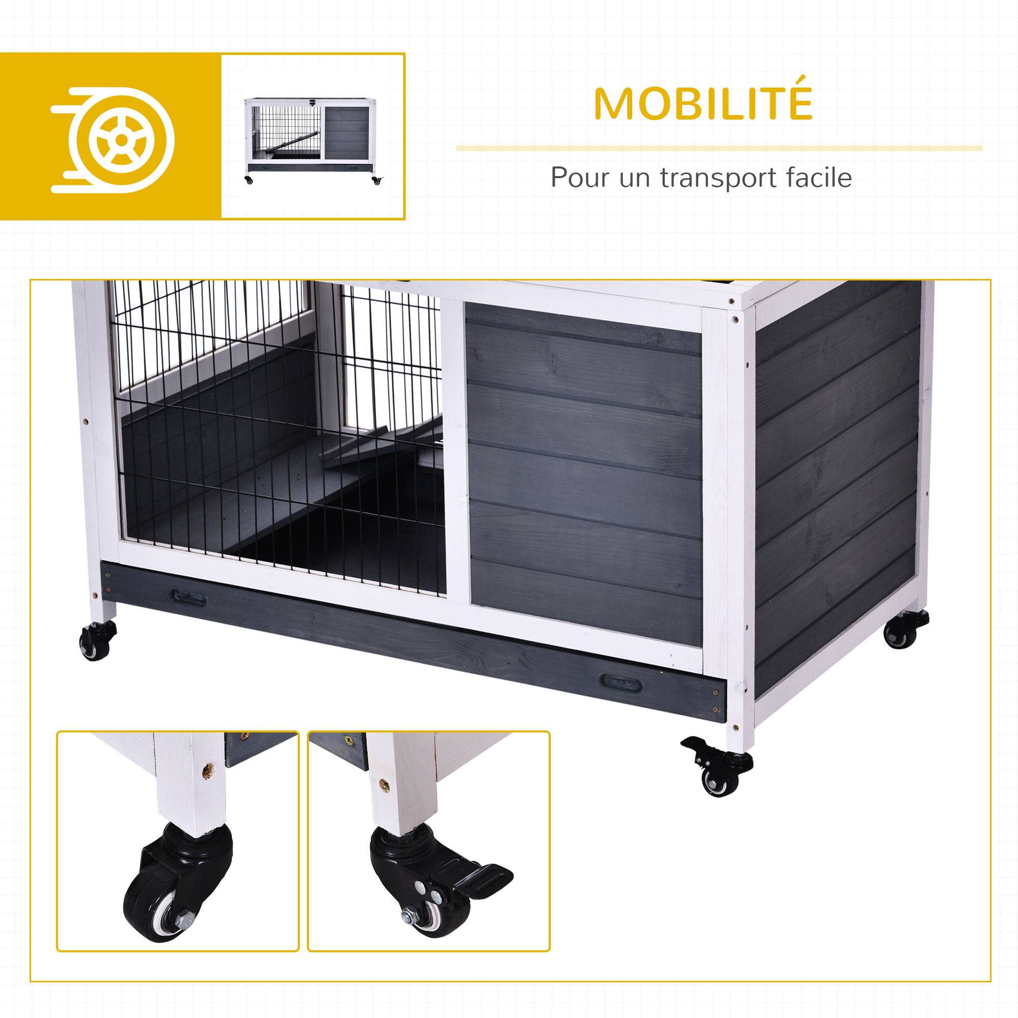 Cage lapin intérieur, toit ouvrant, roulettes, plateau amovible, rampe, bois, 90x53x59 cm, gris foncé/blanc - Image 9