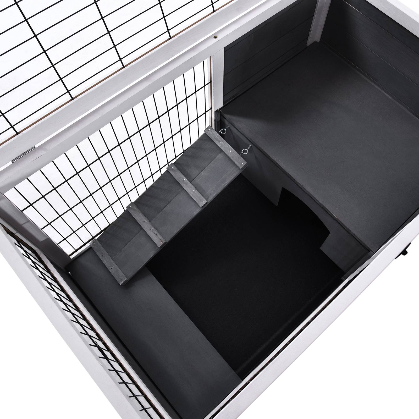 Cage lapin intérieur, toit ouvrant, roulettes, plateau amovible, rampe, bois, 90x53x59 cm, gris foncé/blanc - Image 10