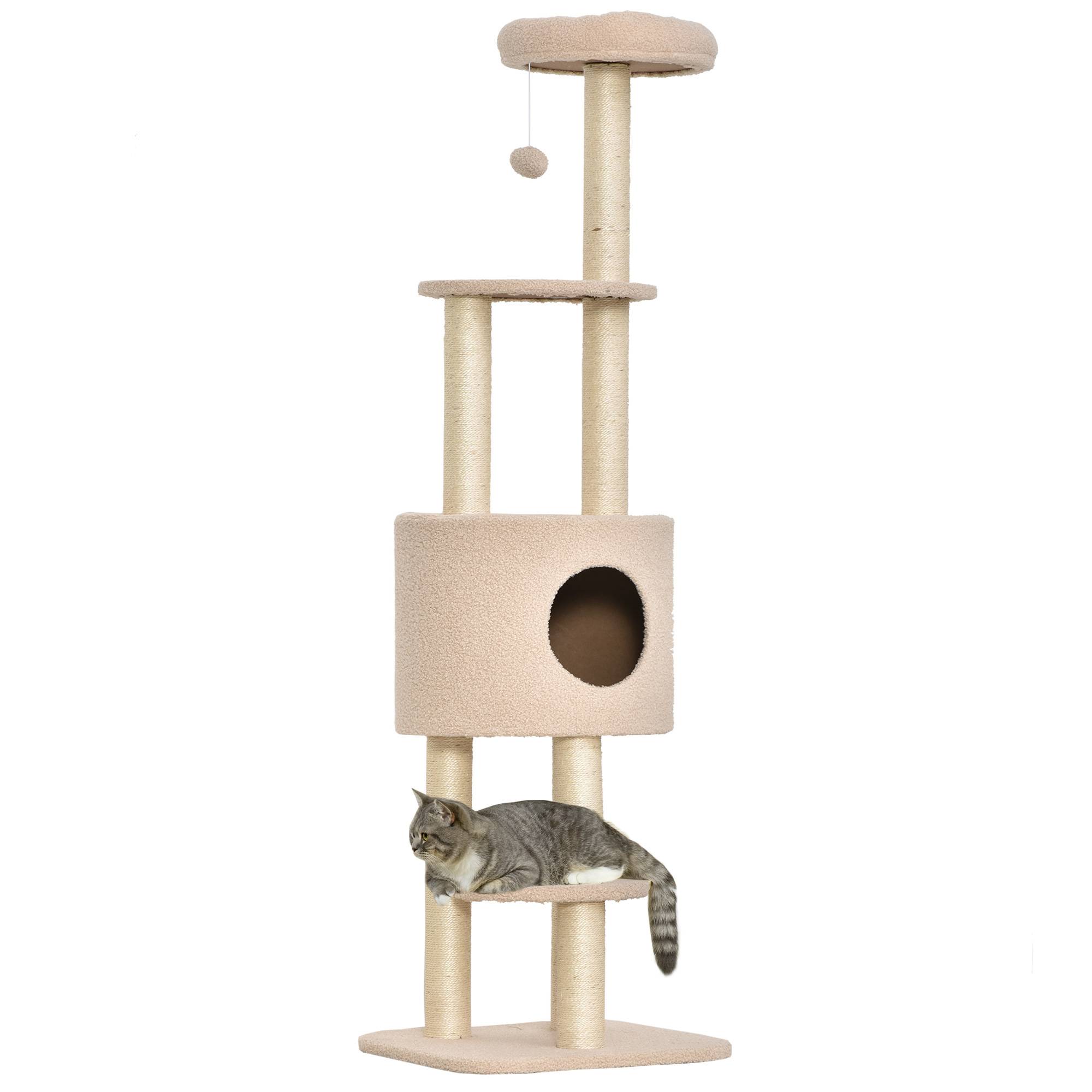 Arbre à chat 148 cm niche, 4 jouets, griffoirs sisal, grande plateforme, multi-étages, chats <5 kg - Image 1
