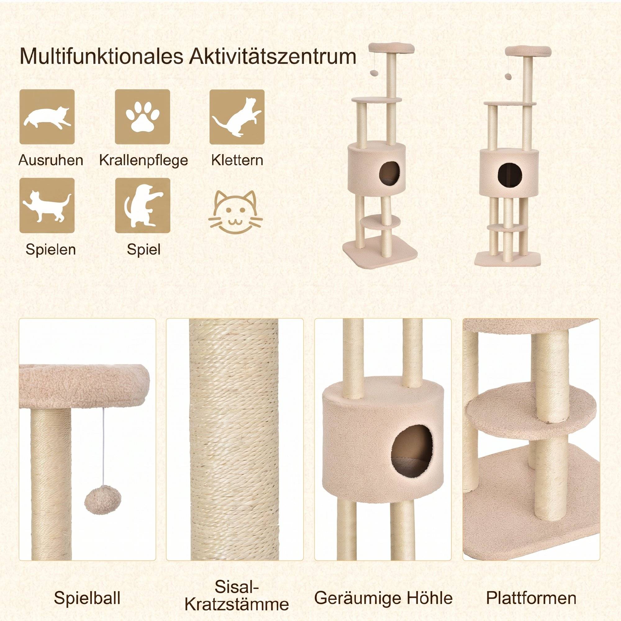 Arbre à chat 148 cm niche, 4 jouets, griffoirs sisal, grande plateforme, multi-étages, chats <5 kg - Image 7