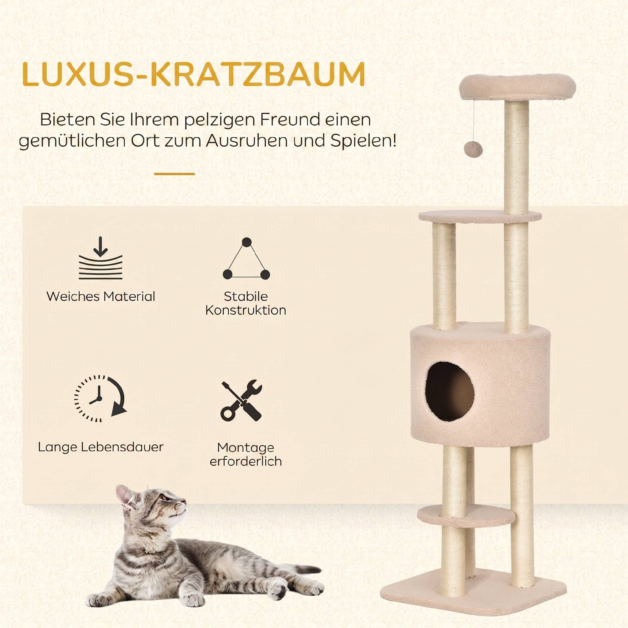Arbre à chat 148 cm niche, 4 jouets, griffoirs sisal, grande plateforme, multi-étages, chats <5 kg - Image 6