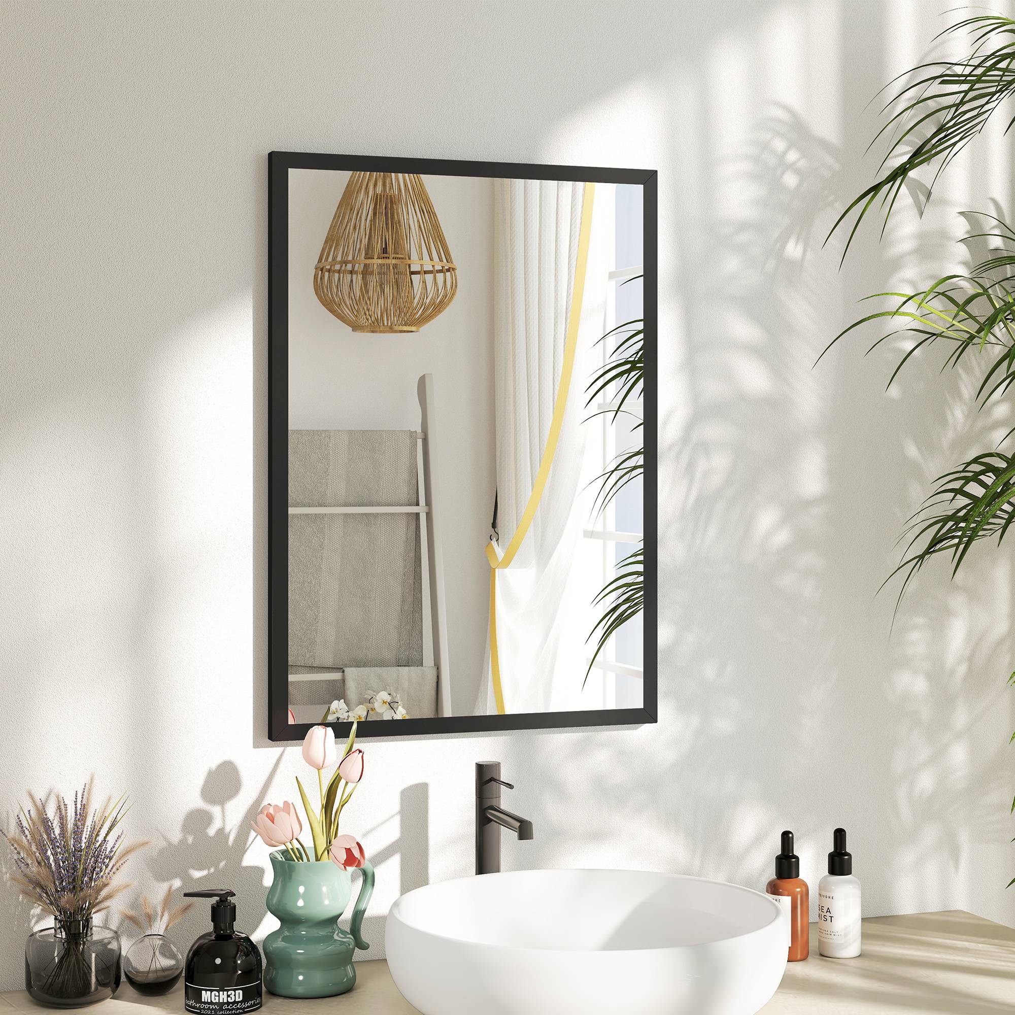 Sans Marque - Miroir mural rectangulaire crochets verre MDF 50x70 cm noir - Image 3