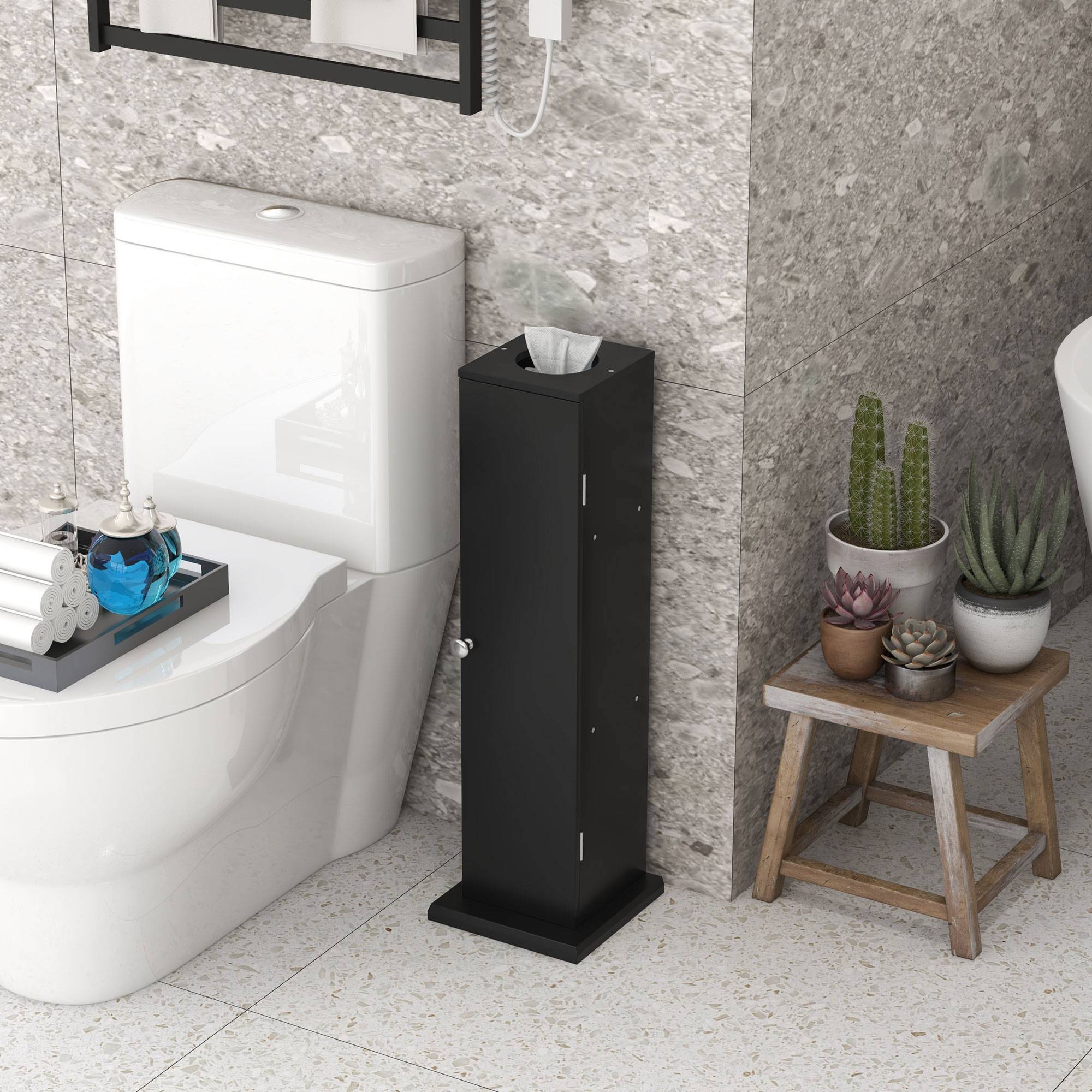 Porte papier toilette 3 niveaux avec distributeur intégré, meuble WC rangement compact salle de bain moderne noir - Image 4