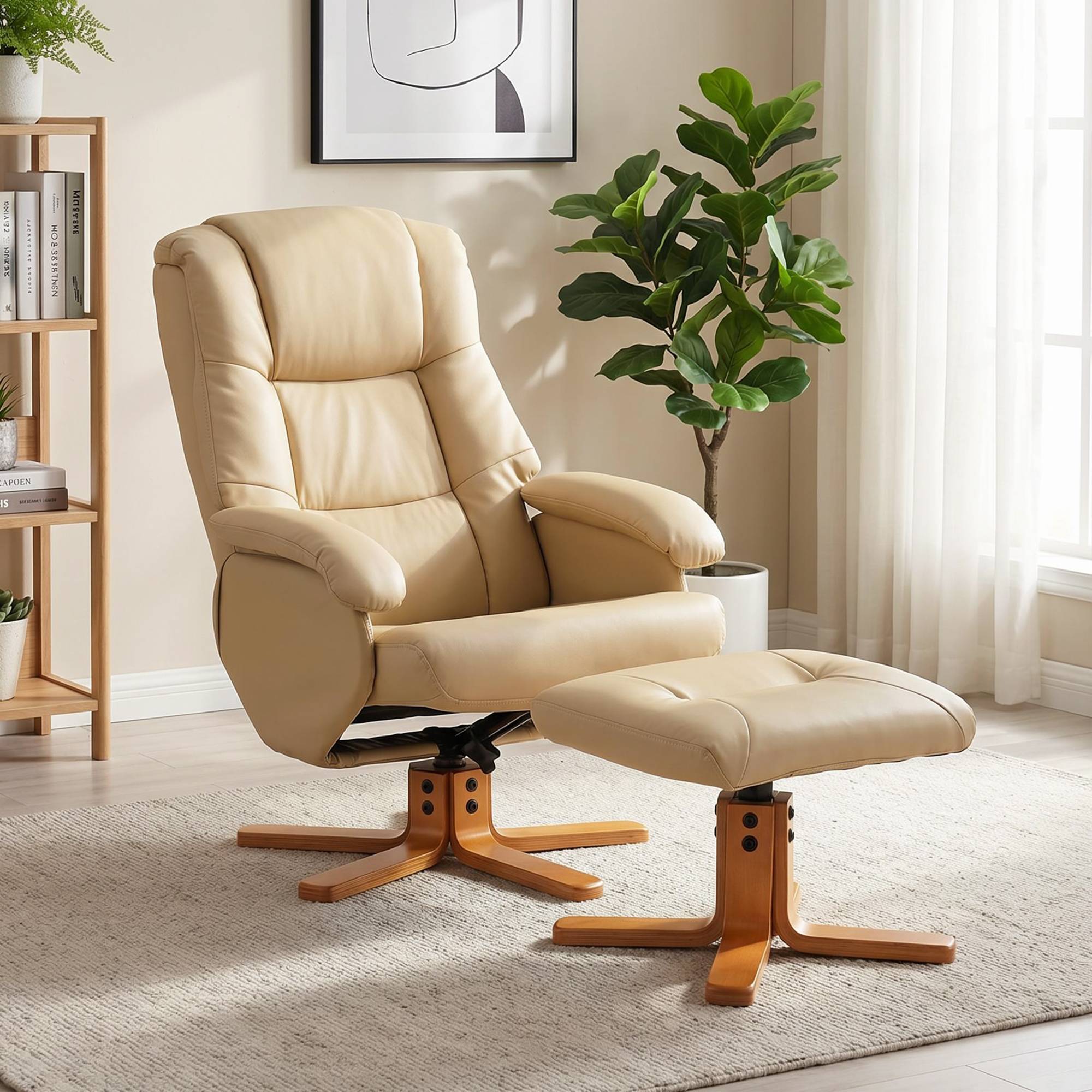Fauteuil relax avec repose-pied fauteuil de relaxation pivotant 360° dossier inclinable charge 120 Kg beige - Image 4