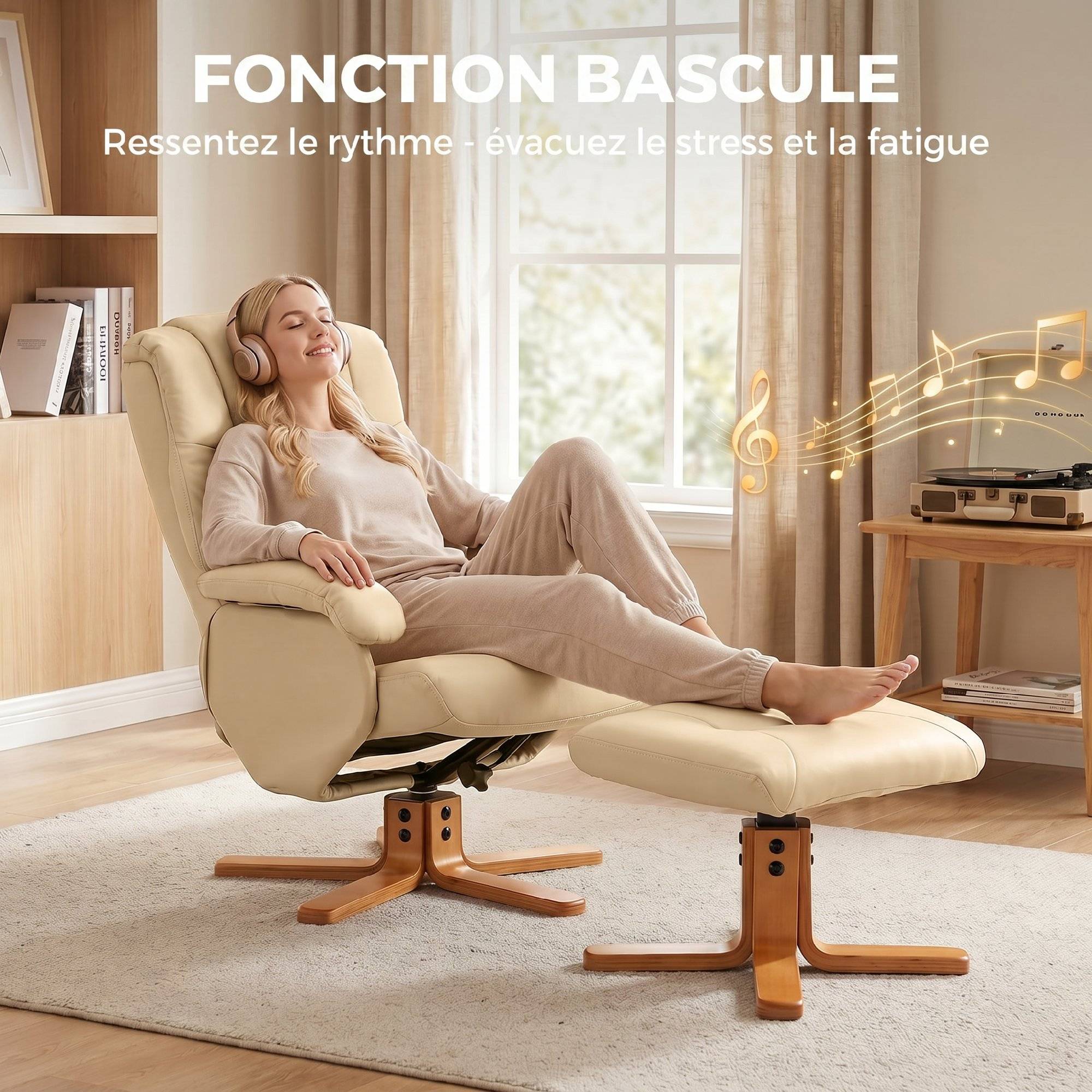 Fauteuil relax avec repose-pied fauteuil de relaxation pivotant 360° dossier inclinable charge 120 Kg beige - Image 7