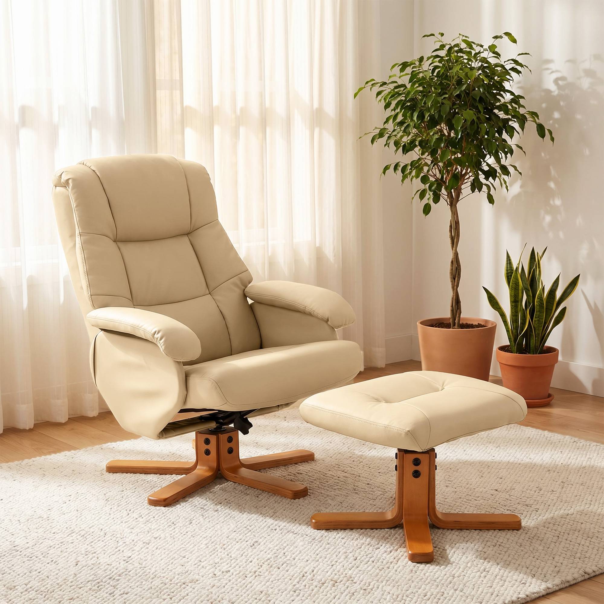 Fauteuil relax avec repose-pied fauteuil de relaxation pivotant 360° dossier inclinable charge 120 Kg beige - Image 3