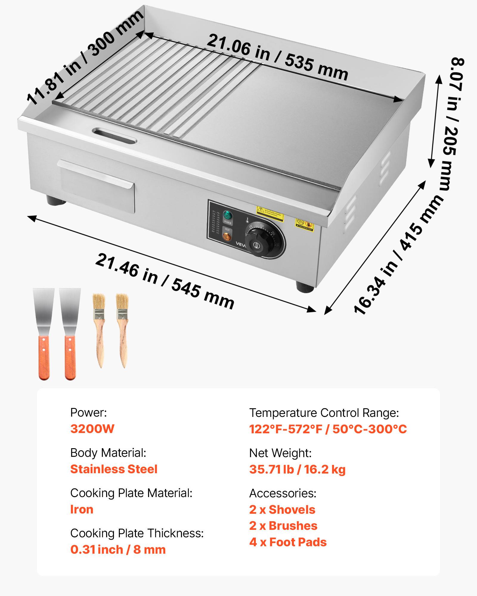 Vevor - VEVOR Plancha Électrique Commerciale Gril 535x300 mm 3200 W 2 Zones de Cuisson - Image 7