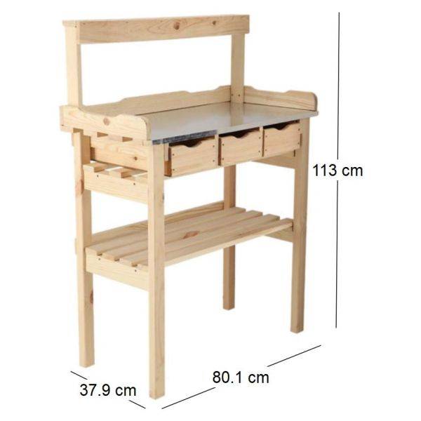 Esschert Design - Table à rempoter en pin avec plateau zinc 3 tiroirs + étagère supérieure Esschert's Garden - Image 9