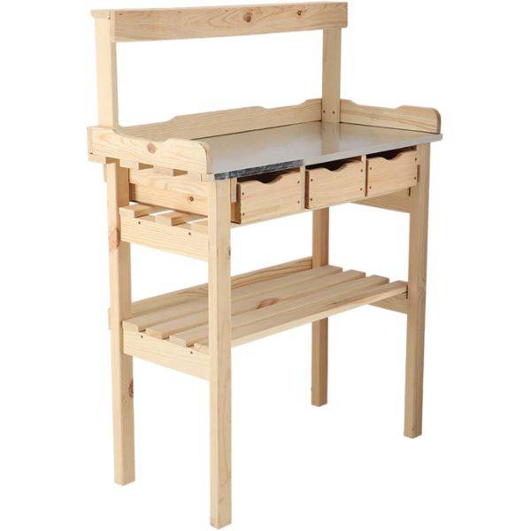 Esschert Design - Table à rempoter en pin avec plateau zinc 3 tiroirs + étagère supérieure Esschert's Garden