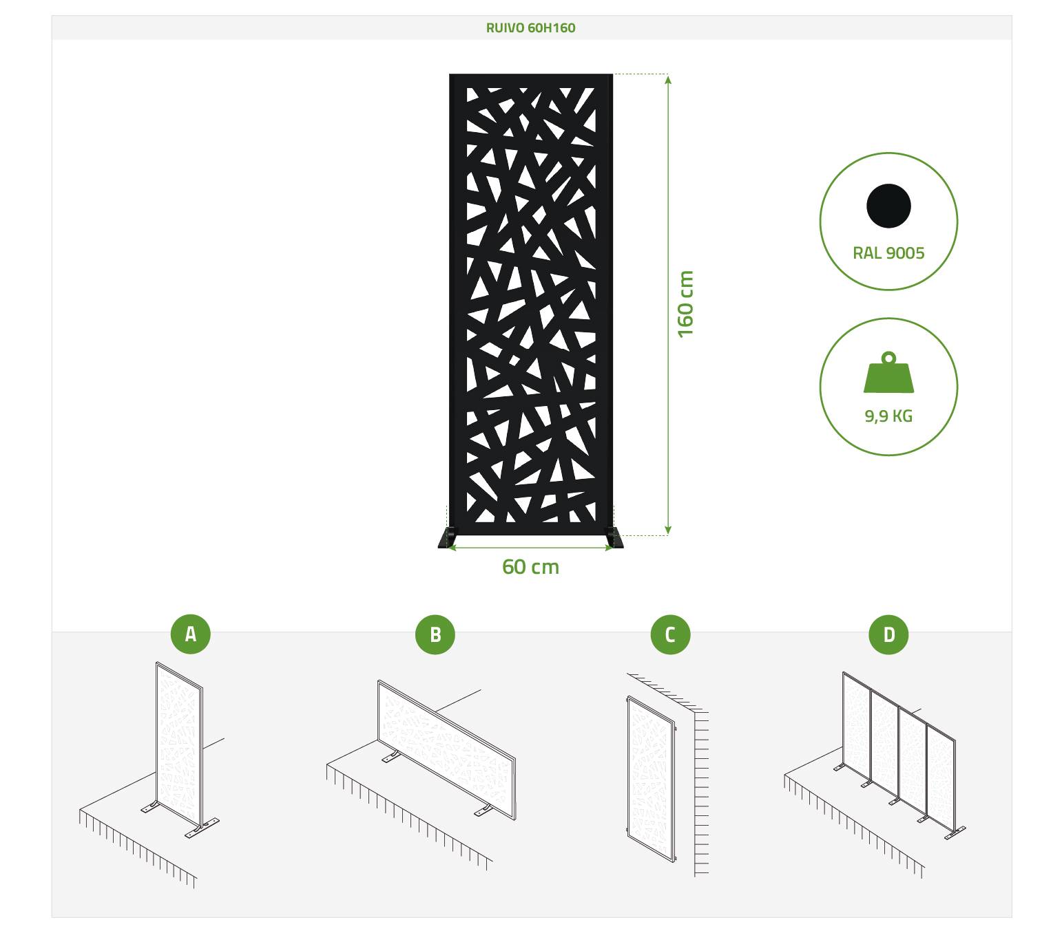 Casanoov Lot de 3 panneaux décoratifs RUIVO noir H.160 cm motif intégral - Image 2