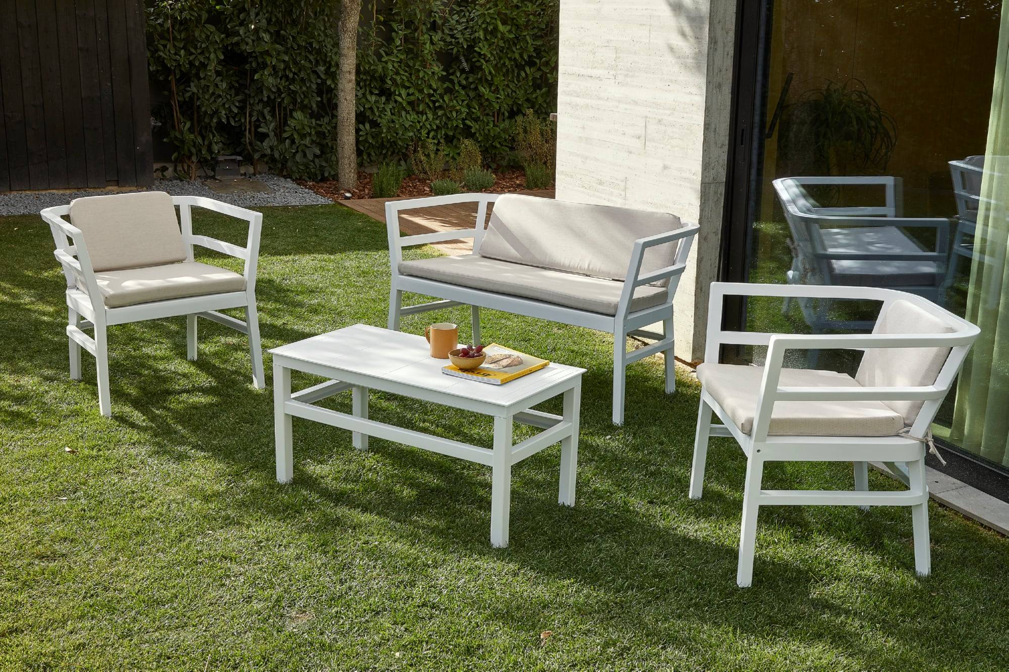 Set 2+1+1 armchairs-sofa-table indoor, outdoor white CLICK-CLACK Resol - Image 3