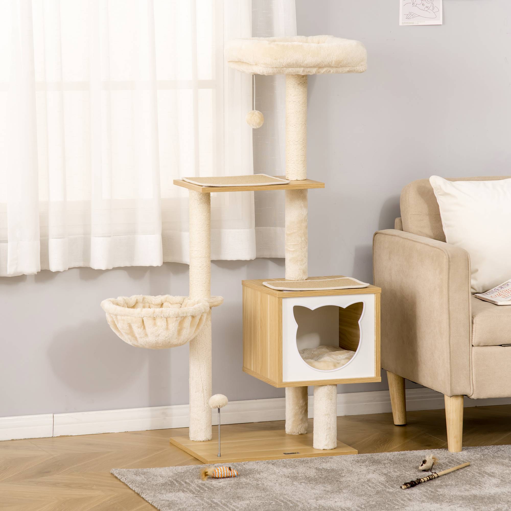 Arbre à chat multifonction grotte hamac panier coussins amovibles 126 cm beige - Image 4