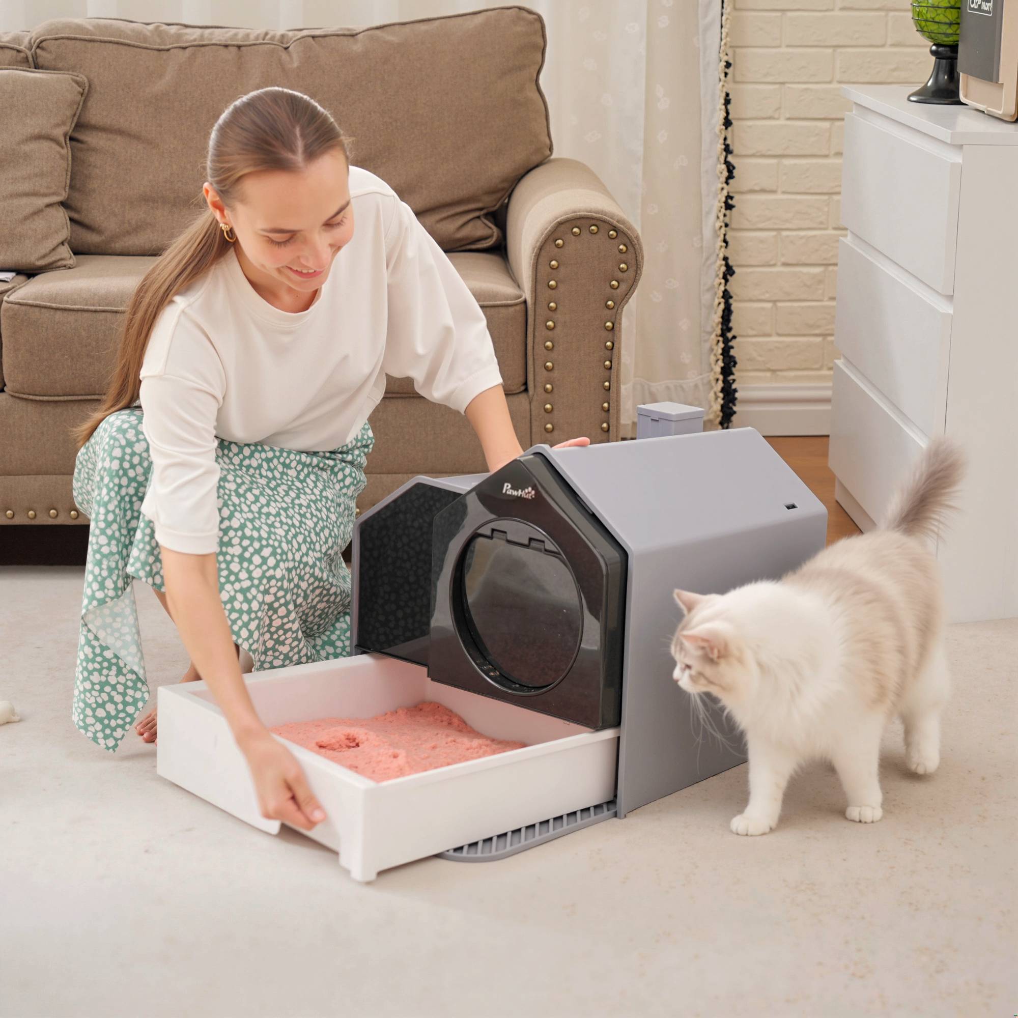 Bac à litière pour chat au design mignon, 1 tapis filtrant, 1 pelle à litière, bac de base amovible, gris - Image 10