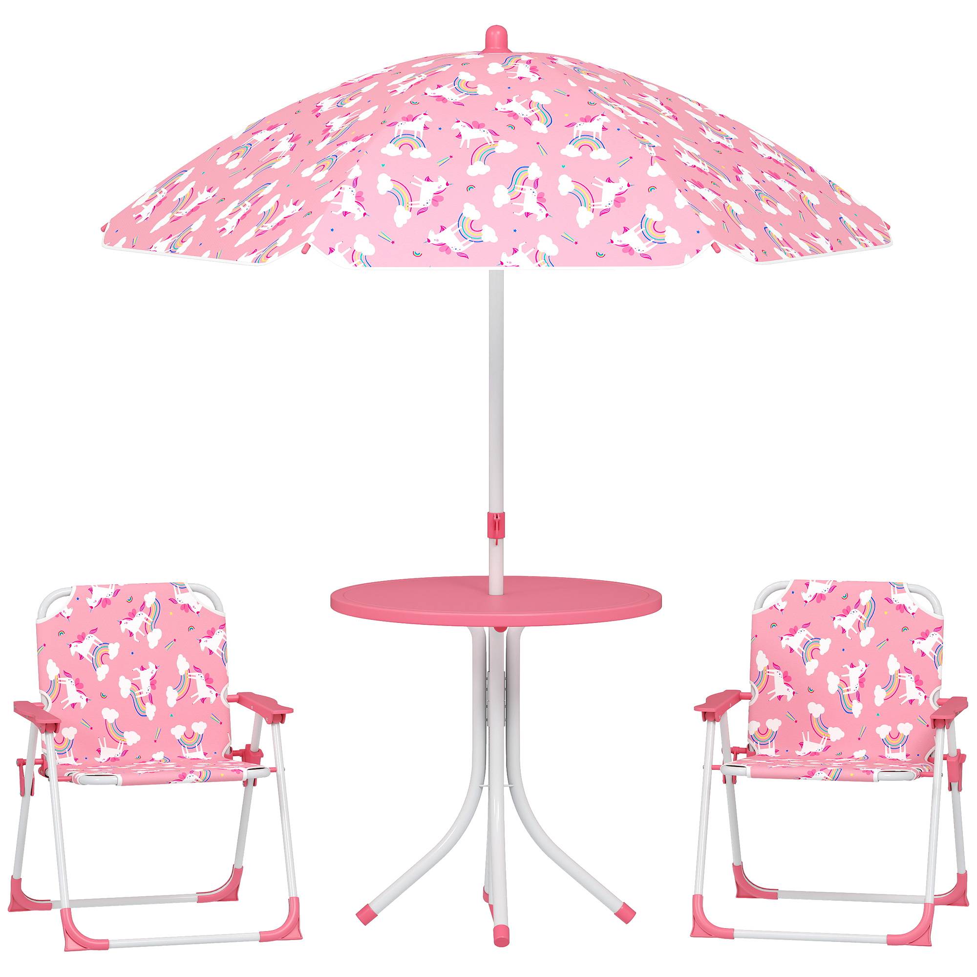 Ensemble table et chaises de jardin pour enfants 4 pièces, chaises pliantes, parasol amovible, motif licorne rose