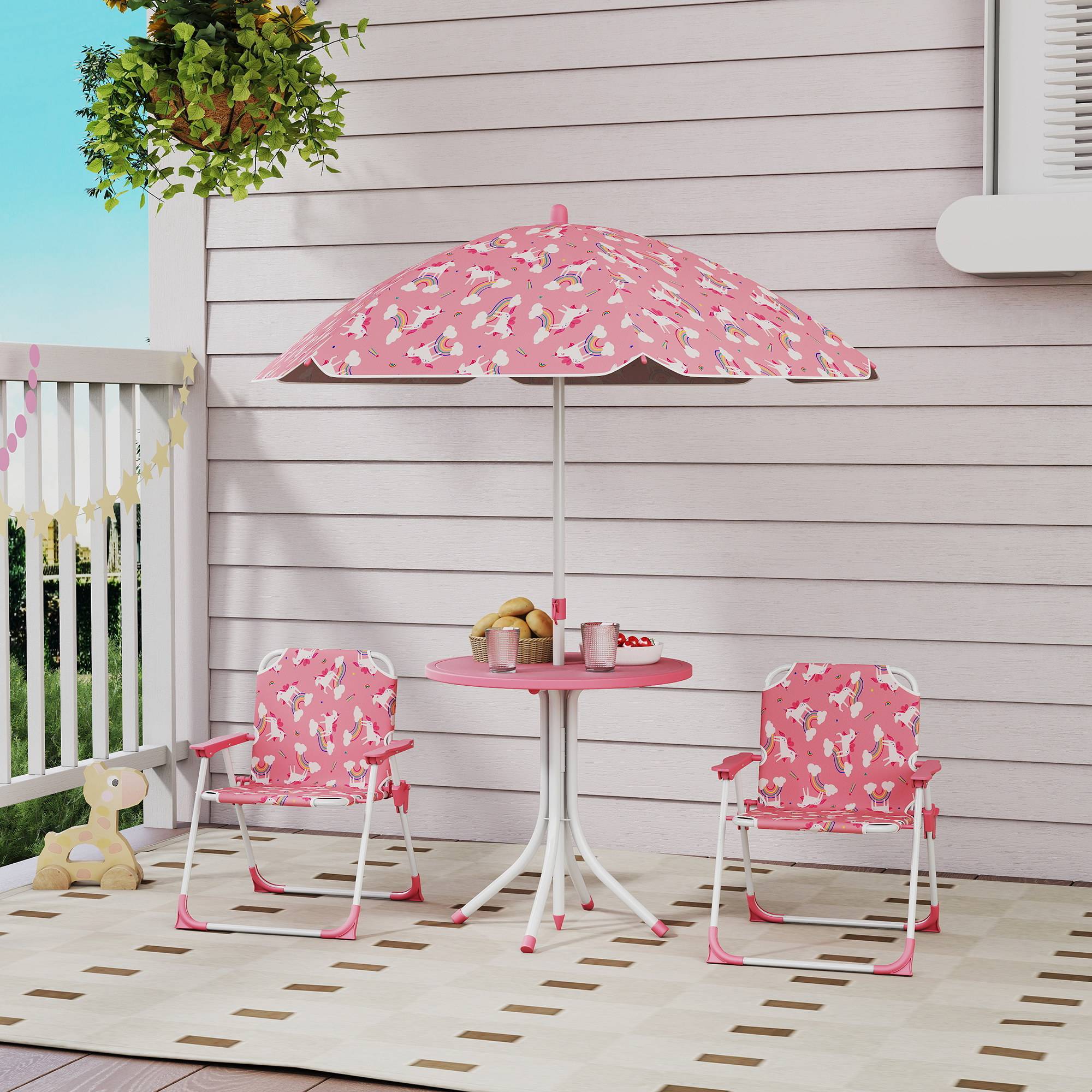 Ensemble table et chaises de jardin pour enfants 4 pièces, chaises pliantes, parasol amovible, motif licorne rose - Image 3